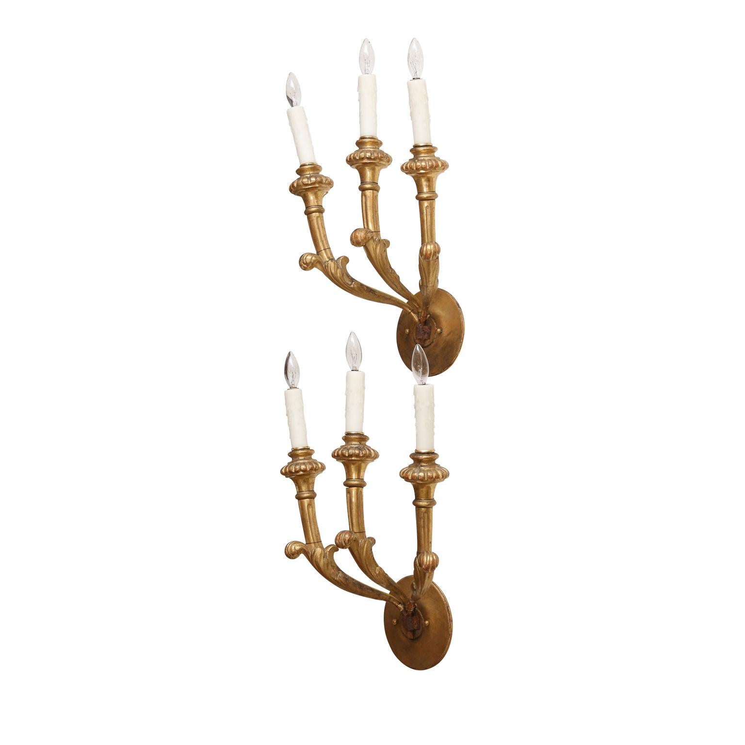 Hand-Carved Pair of Italian Giltwood Sconces