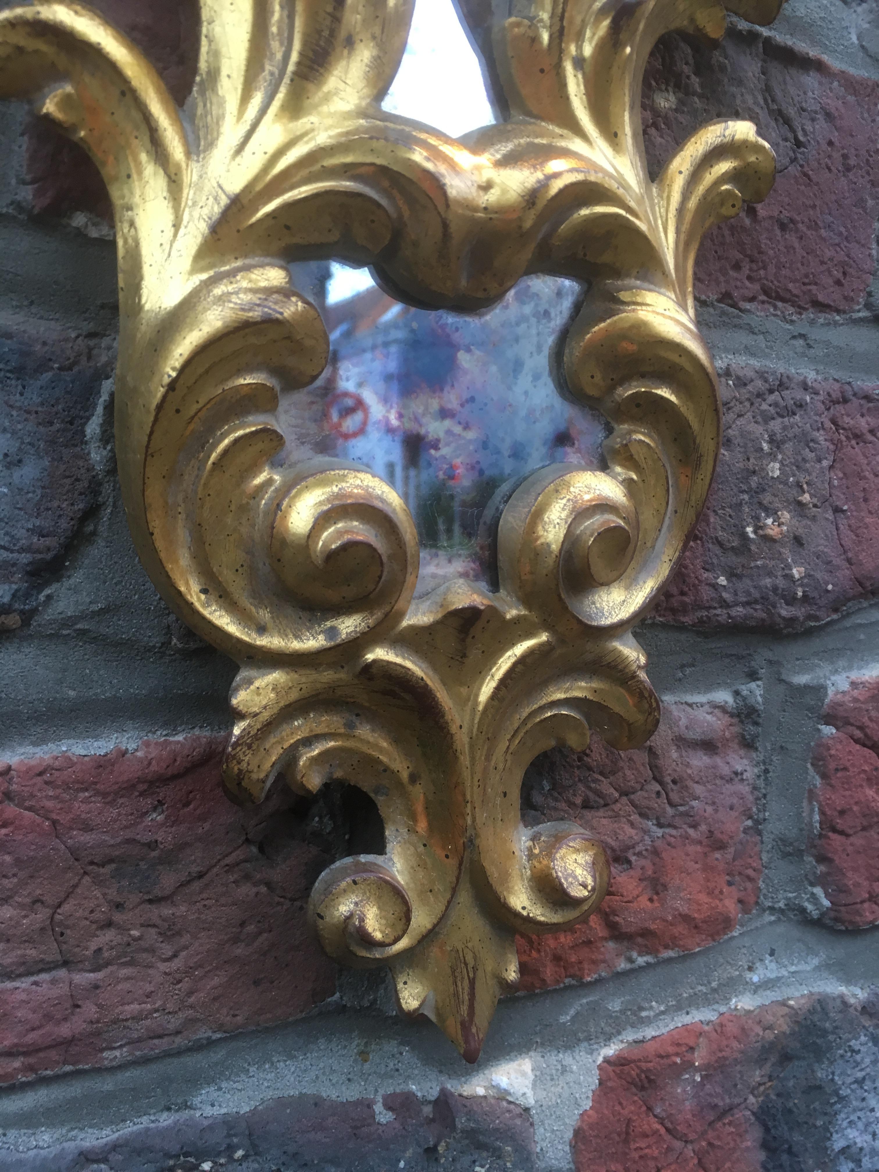 Mid-Century Modern two Italian Giltwood Sconces with Mirrors, circa 1950 For Sale