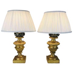 Antique Pair of Italian Giltwood Table Lamps Early 19th Century Carved Circular Vases