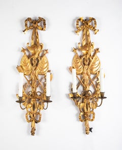 Pair of Italian Giltwood Wall Sconces in Neoclassical Trophy Form