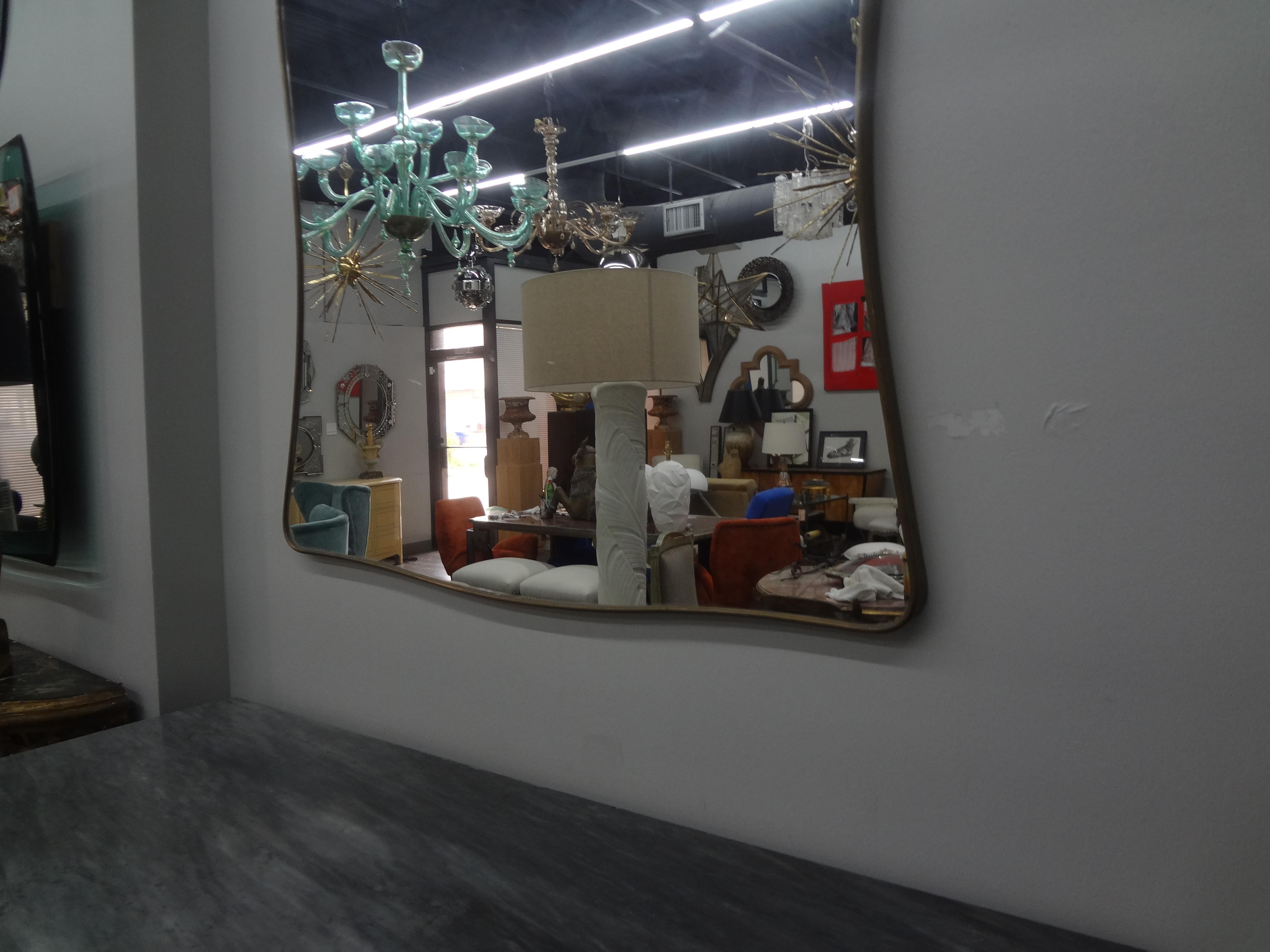 Pair of Italian Gio Ponti Inspired Brass Mirrors In Good Condition In Houston, TX