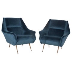 Pair of Italian Gio Ponti Style Armchairs from the 1950s, Brass Legs, Color Blue