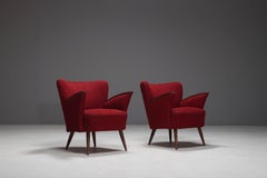 Pair of Italian Gio Ponti Style Club Chairs in Red Wool Fabric, 1950s