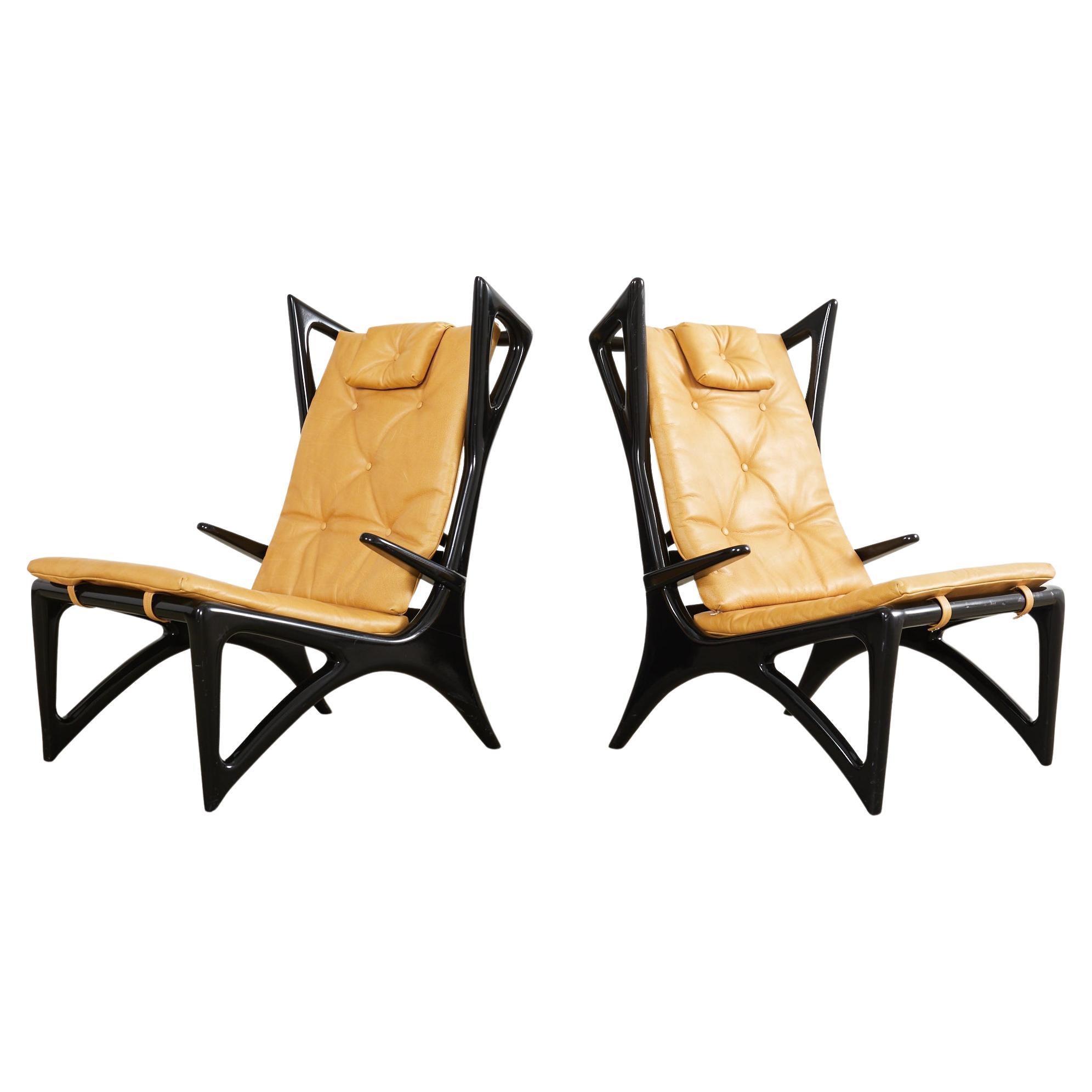 Pair of Italian Gio Ponti Style Ebonized Lounge Chairs