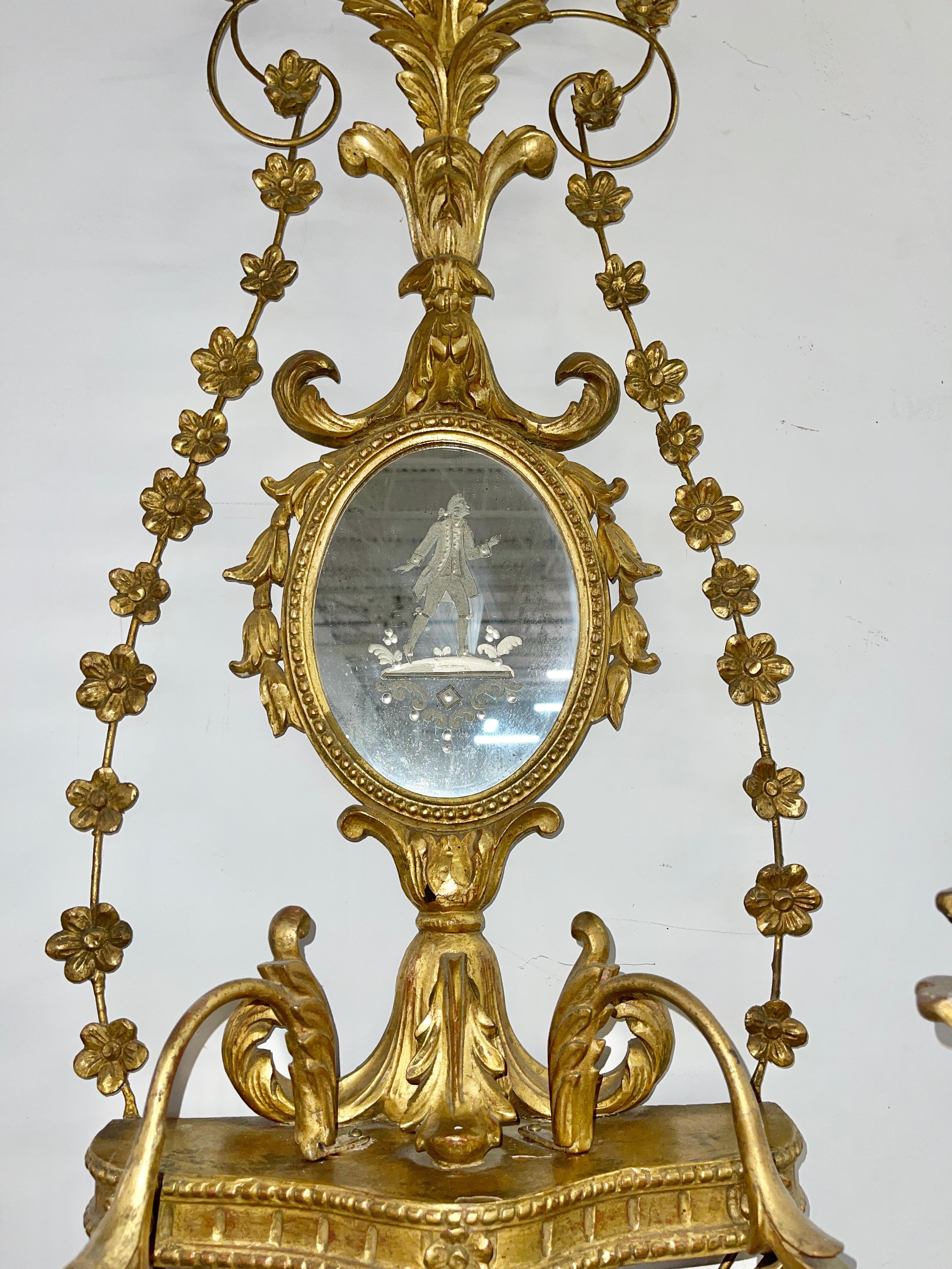Pair of Italian Girondole Candelabra Mirrors In Good Condition For Sale In Hanover, MA