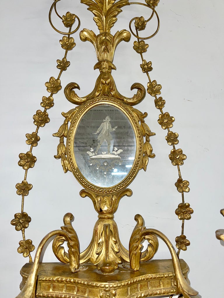 Pair of Italian Girondole Candelabra Mirrors In Good Condition For Sale In Hingham, MA