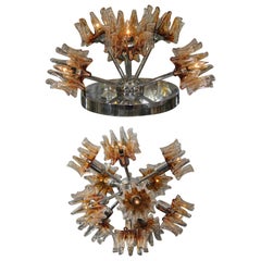 Pair of Italian Glass and Chrome Chandelier and Ceiling Mount Light Fixtures