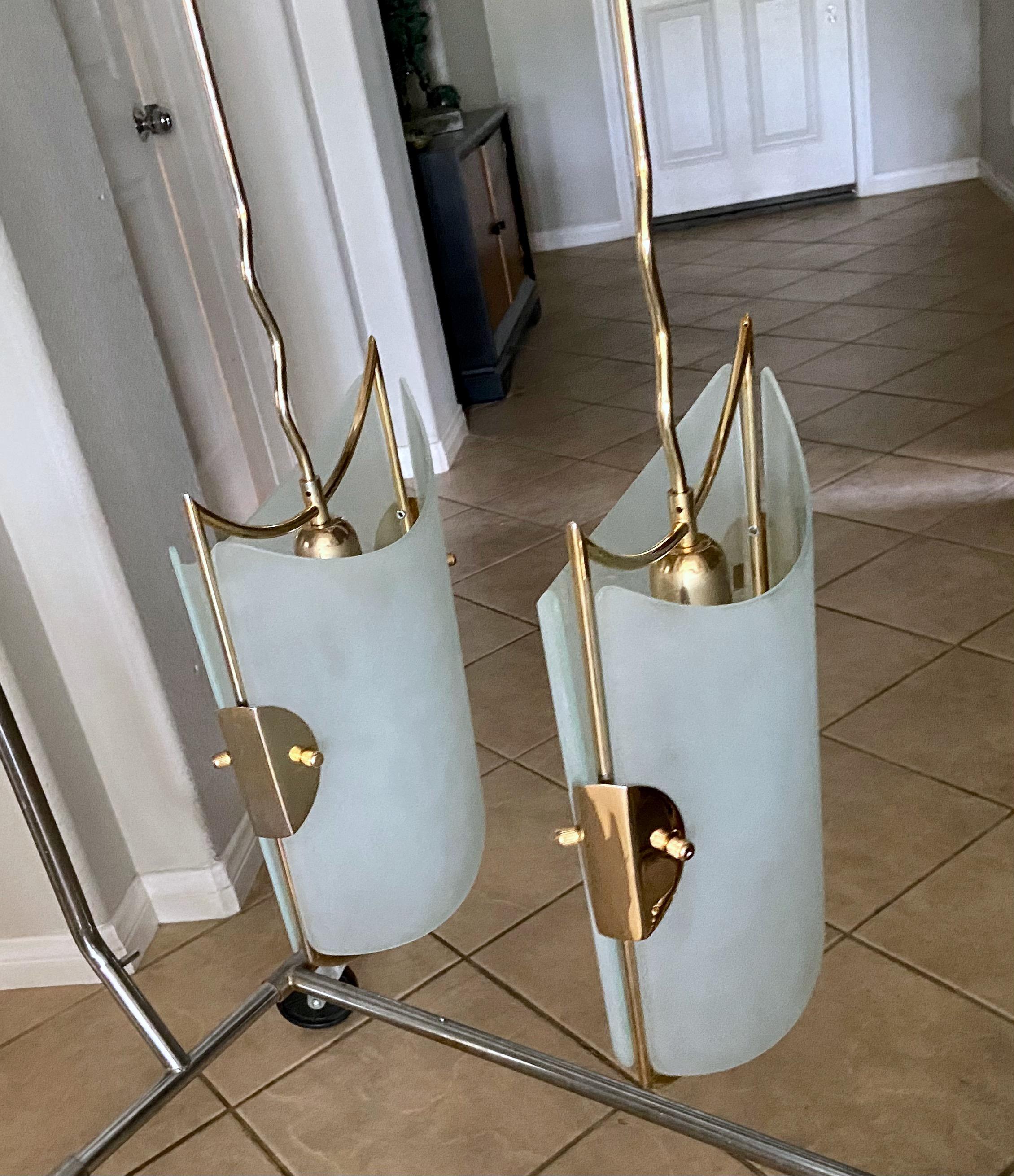 Pair of Italian Glass Brass Pendants Ceiling Lights For Sale 8