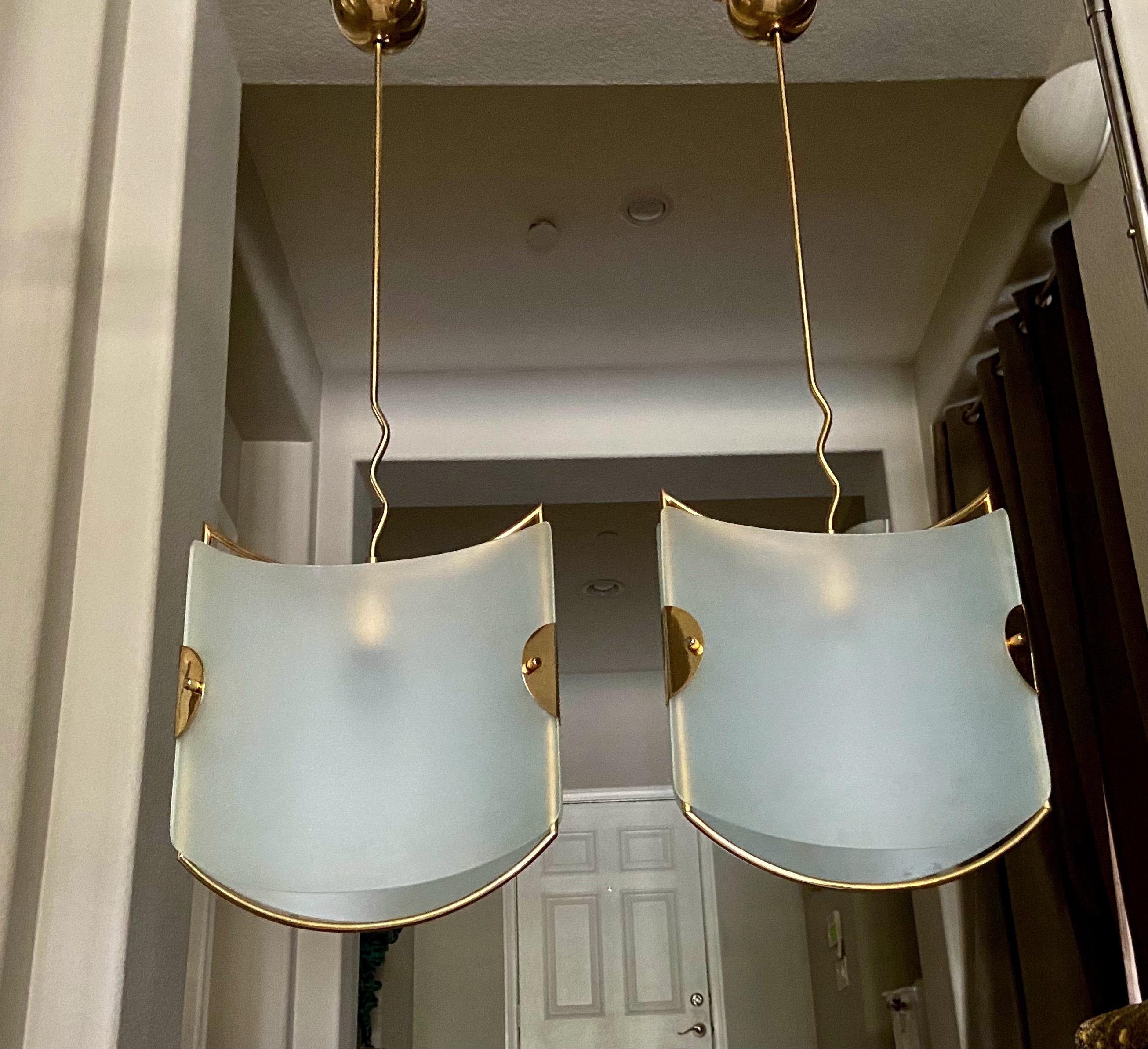 Pair of Italian Glass Brass Pendants Ceiling Lights For Sale 13