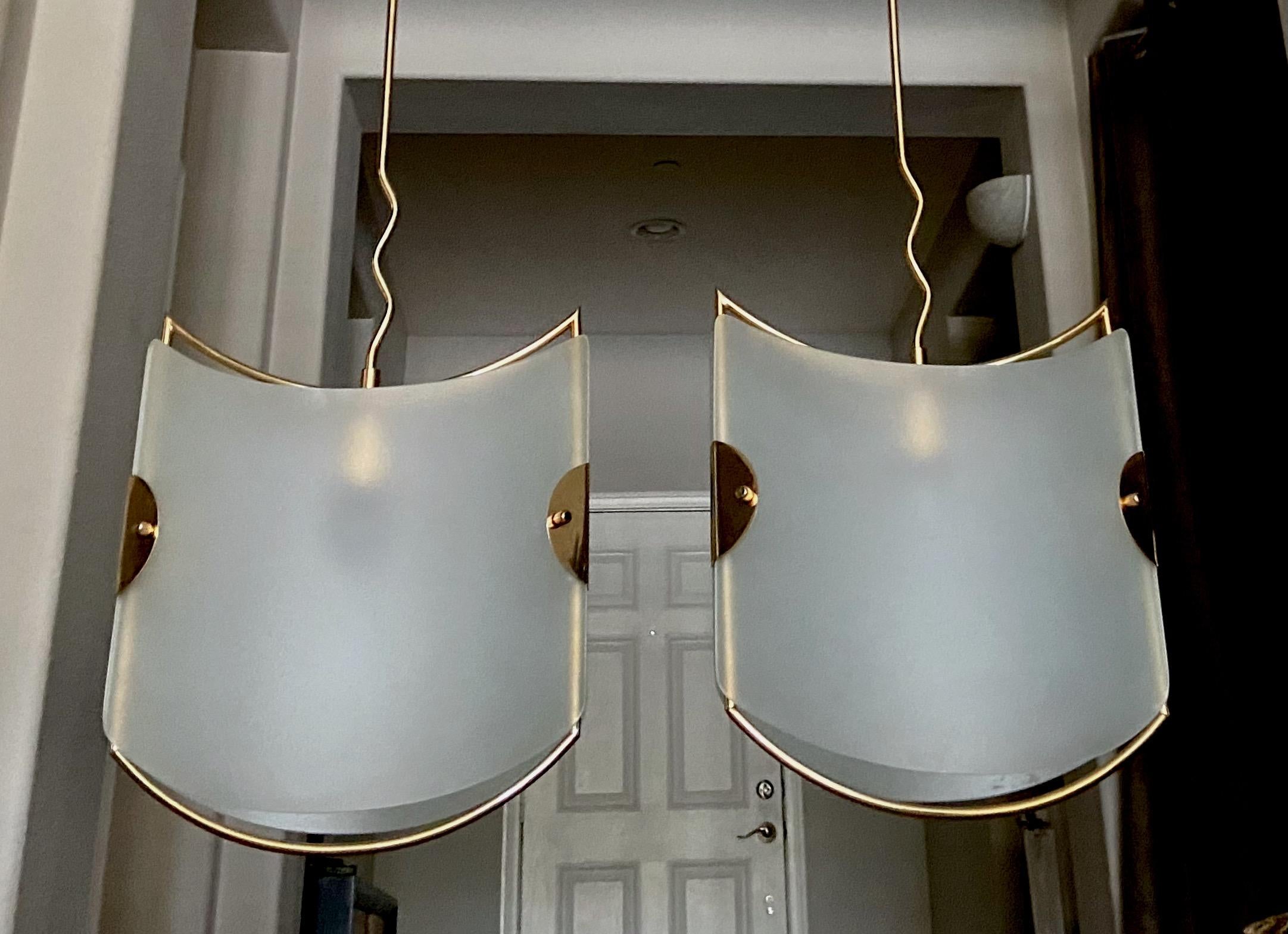 Etched Pair of Italian Glass Brass Pendants Ceiling Lights For Sale