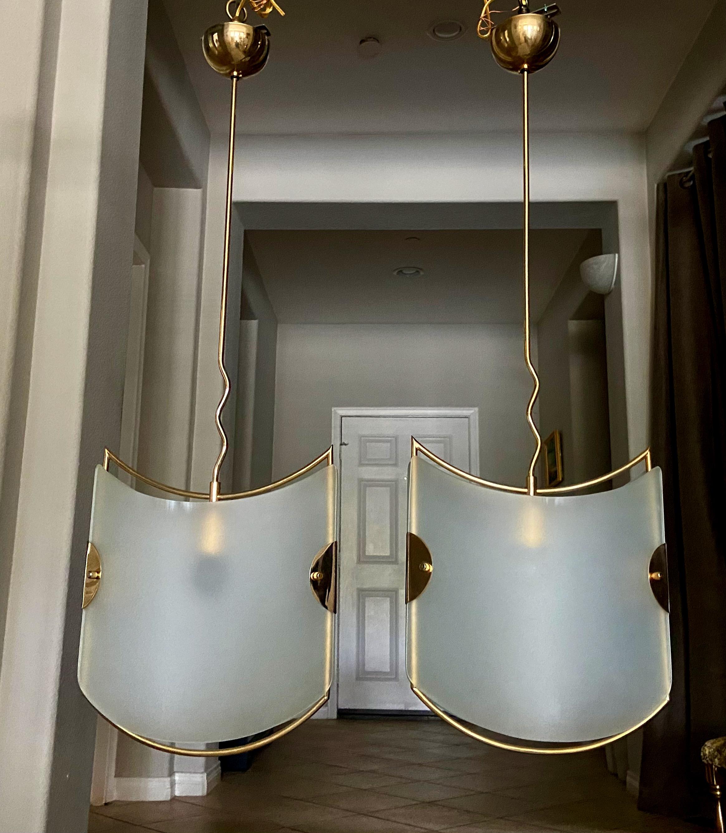 Pair of Italian Glass Brass Pendants Ceiling Lights In Good Condition For Sale In Palm Springs, CA