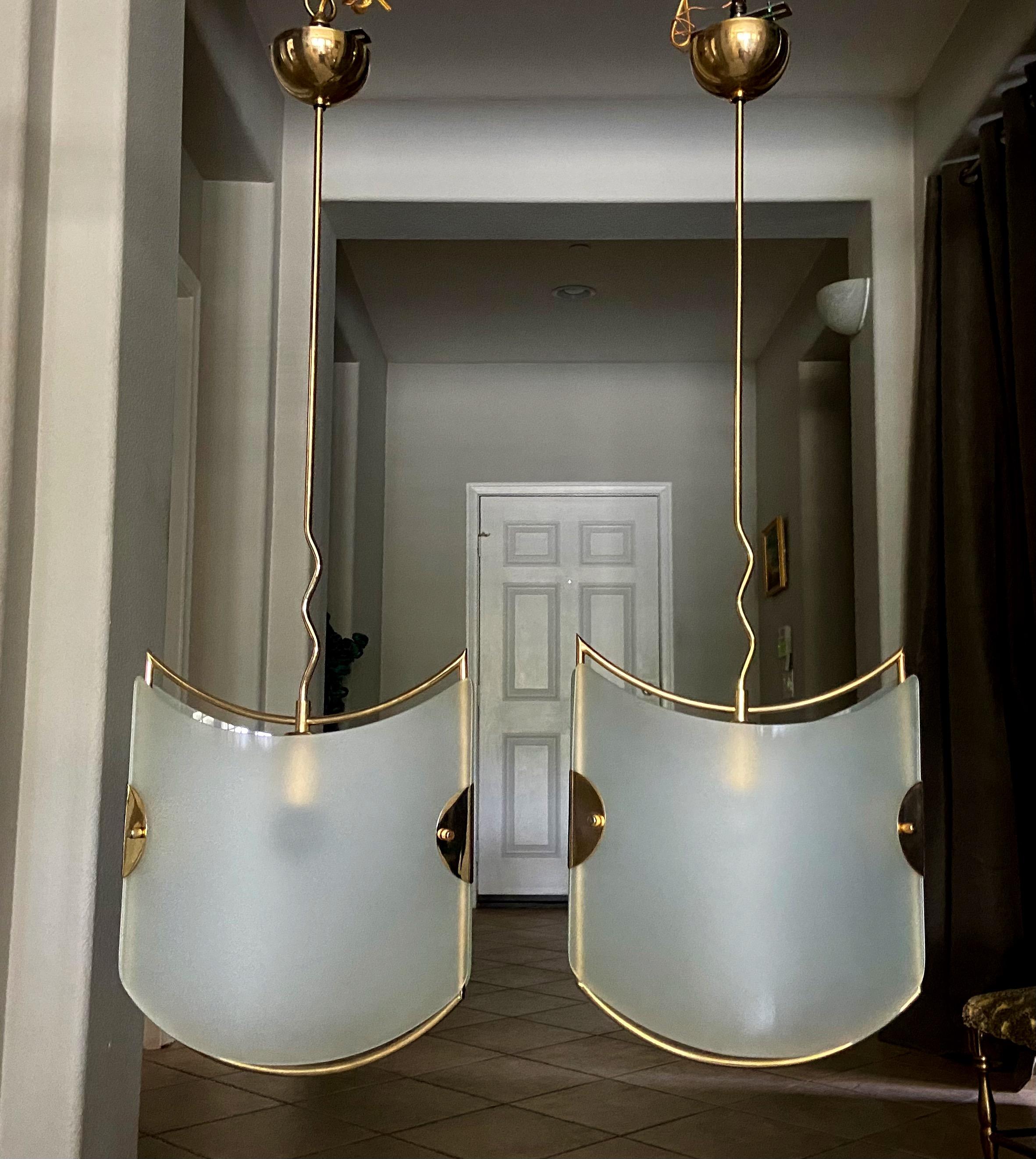 Pair of Italian Glass Brass Pendants Ceiling Lights For Sale 3