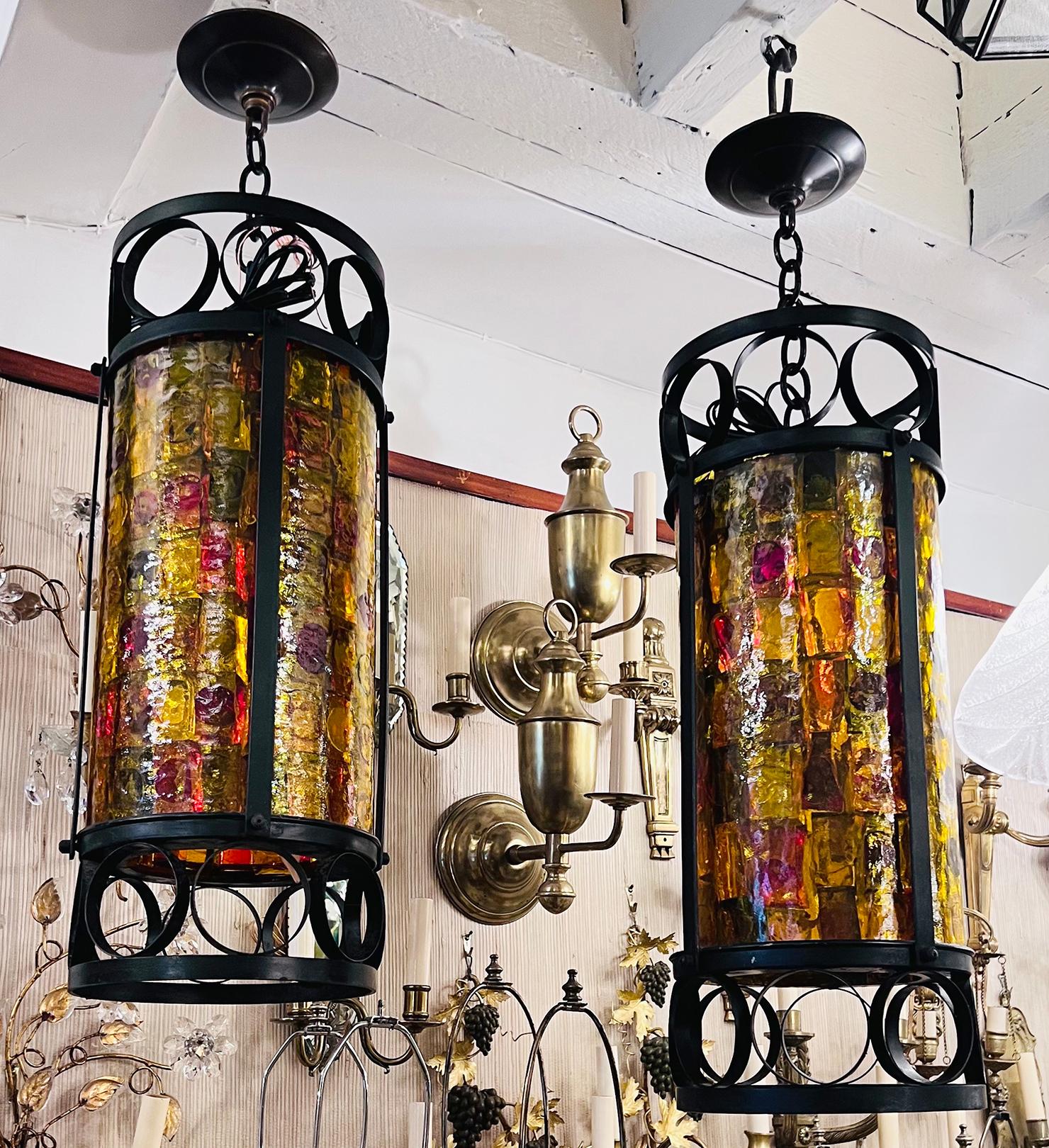 Pair of Italian Glass Iron and Glass Lanterns, Sold Individually For Sale 2