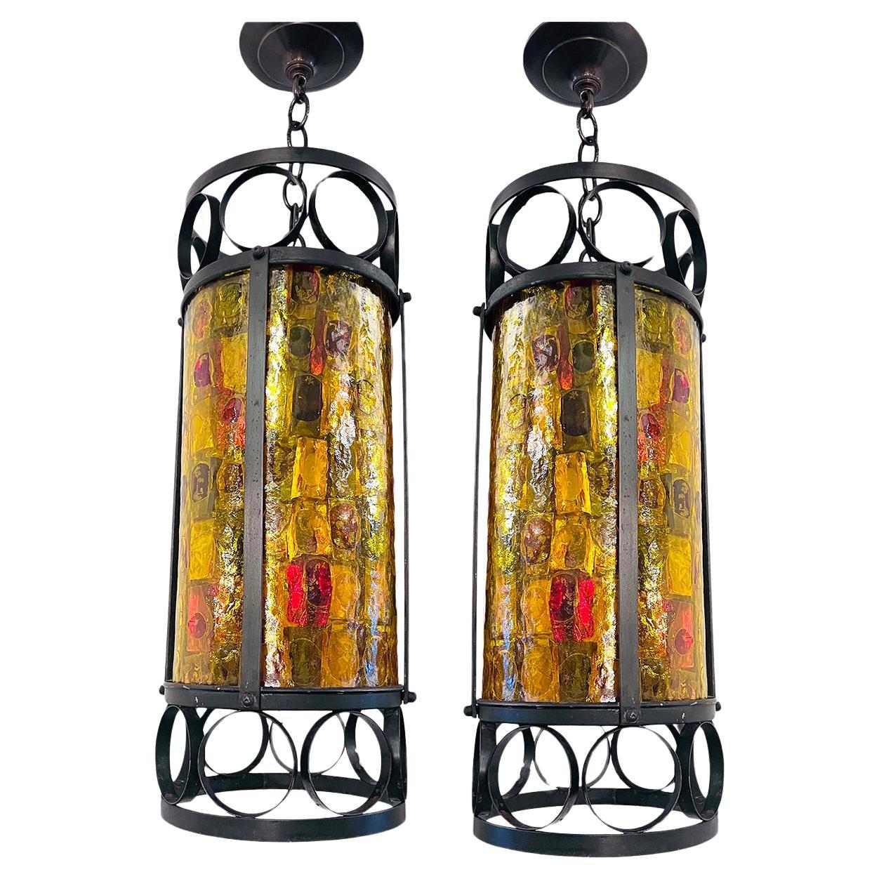 Pair of Italian Glass Iron and Glass Lanterns, Sold Individually For Sale