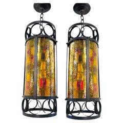 Vintage Pair of Italian Glass Iron and Glass Lanterns, Sold Individually