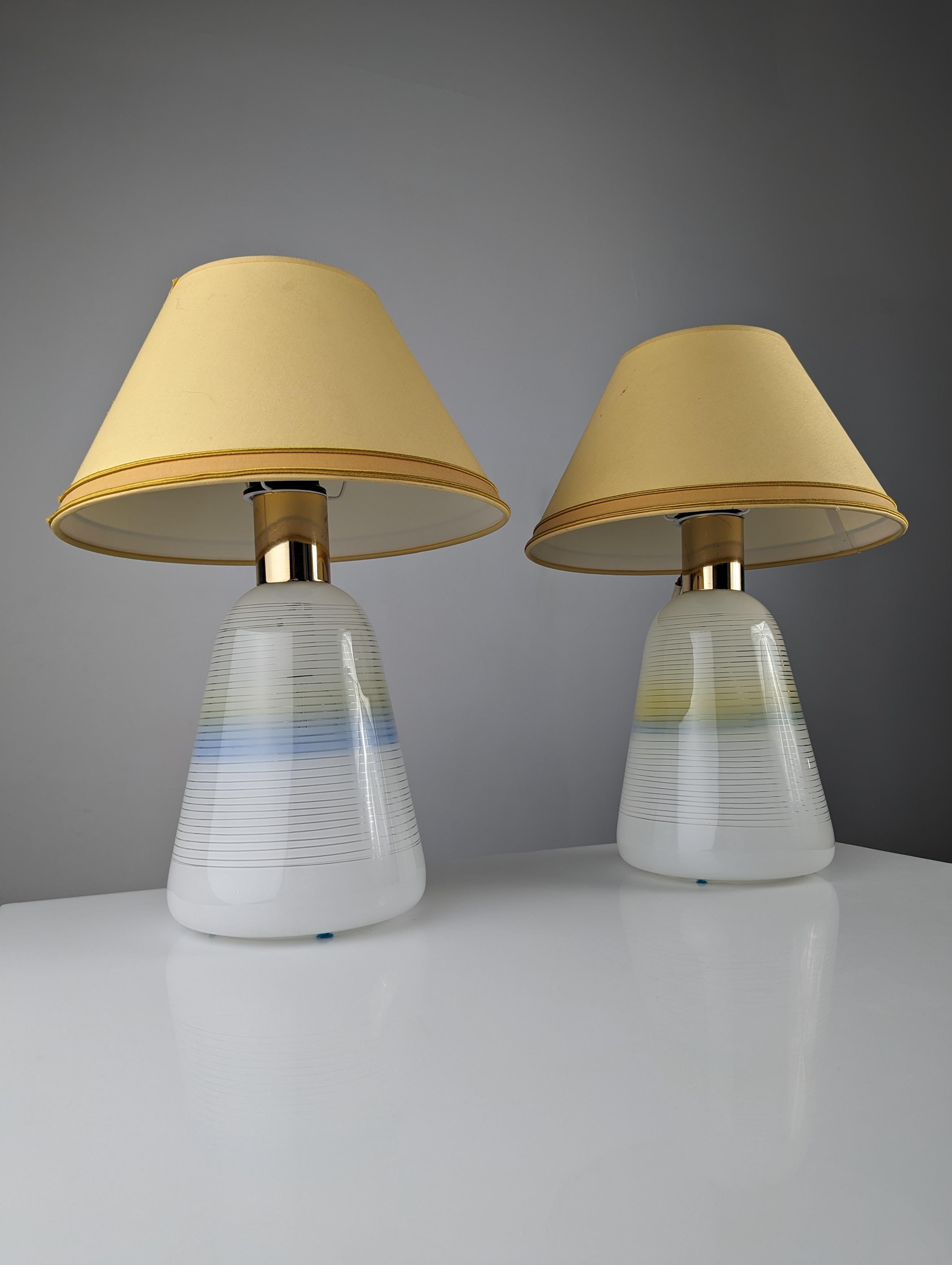 Beautiful pair of lamps with internal and external lighting made of elegant Italian glass with fine horizontal lines and central diffused color. Get functional and elegant light with this pair of vintage lamps from the 70s.

Dimensions: 42 high x 30