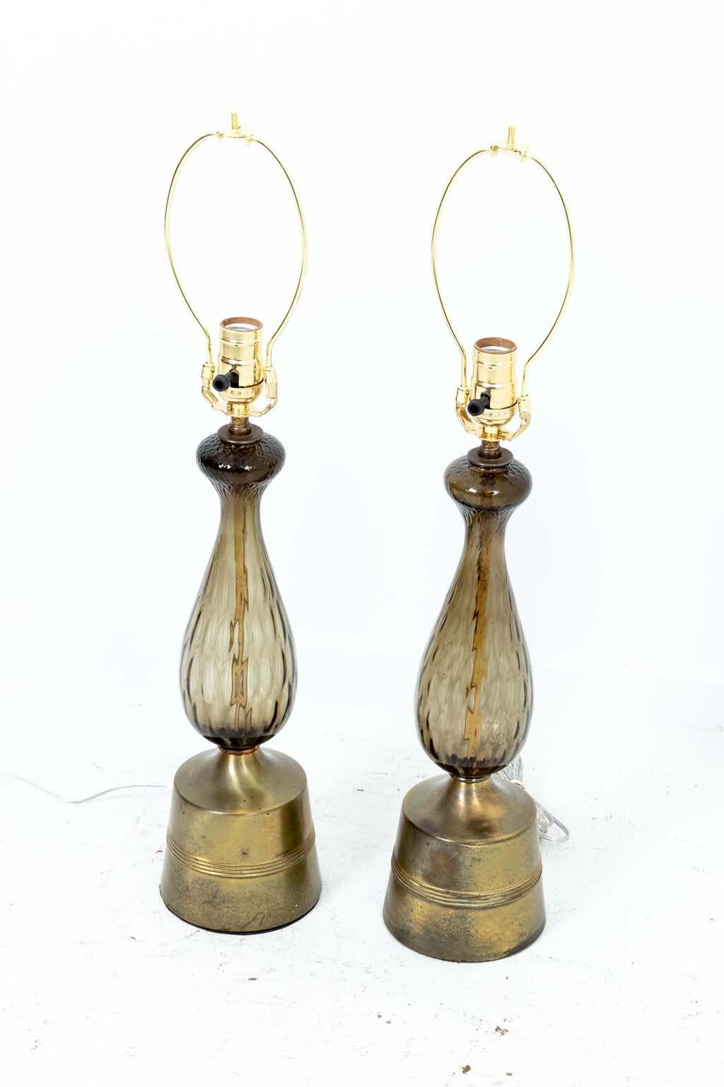 Pair Of Italian Glass Lamps on Metal Bases, rewired.
