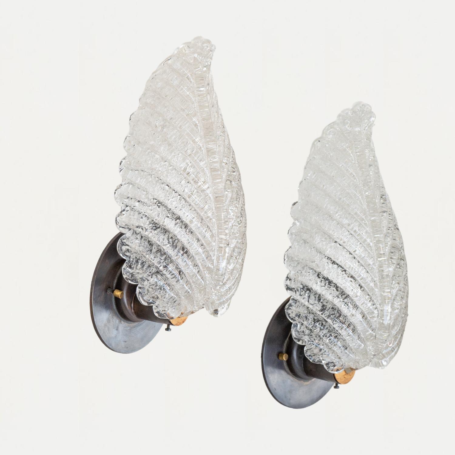 Pair of Italian Glass Leaf Sconces In Good Condition For Sale In Los Angeles, CA