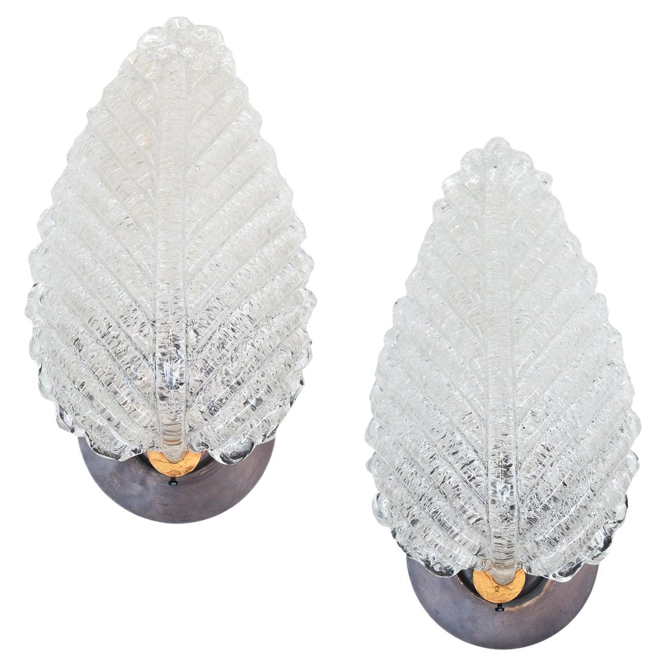 Pair of Italian Glass Leaf Sconces For Sale