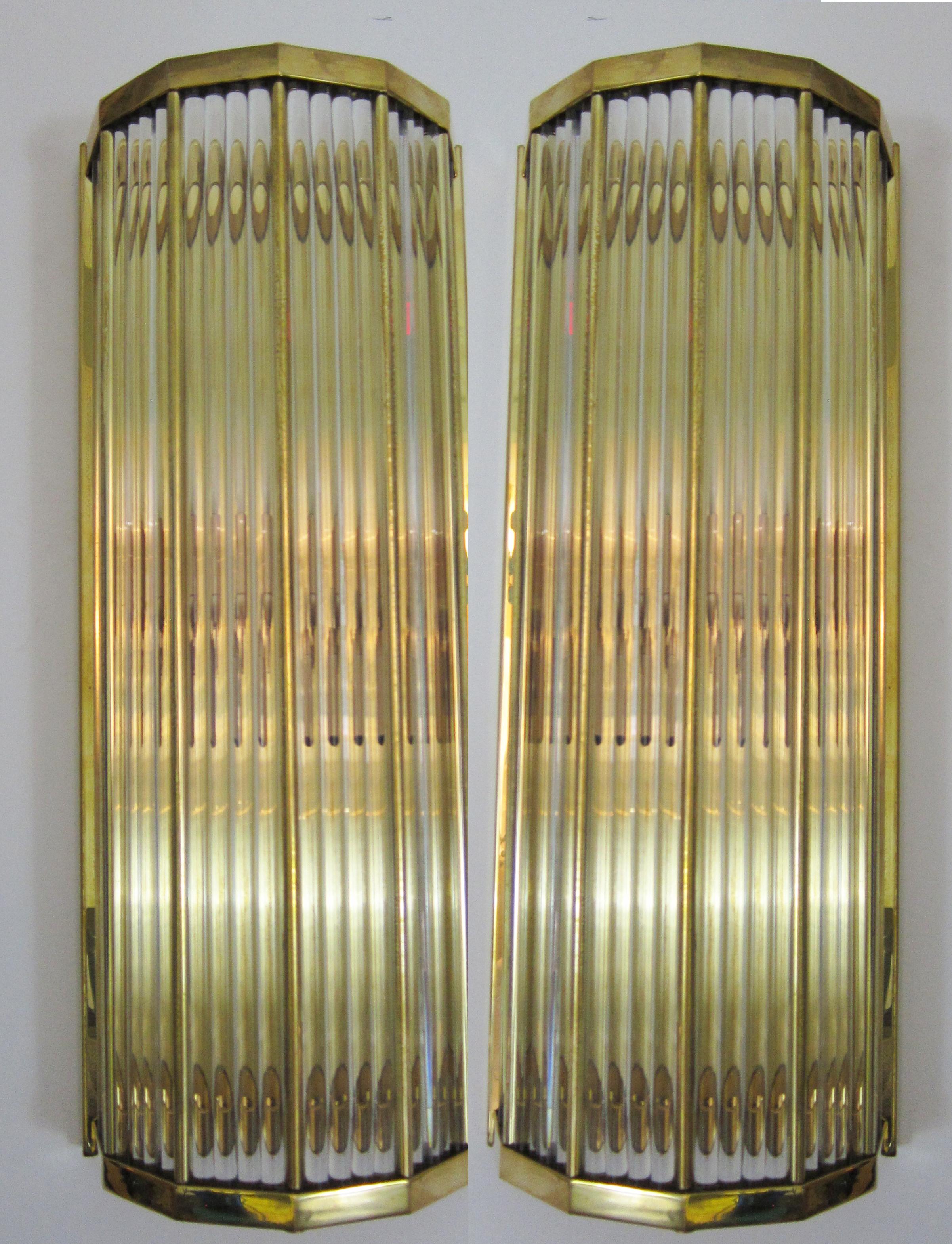 Pair of Italian Glass and Brass Wall Lights, Gabriella Crespi style, in Stock In Excellent Condition In Miami, FL