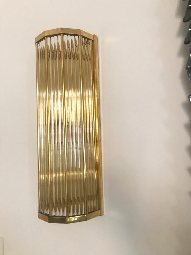 Contemporary Pair of Italian Glass and Brass Wall Lights, Gabriella Crespi style, in Stock For Sale