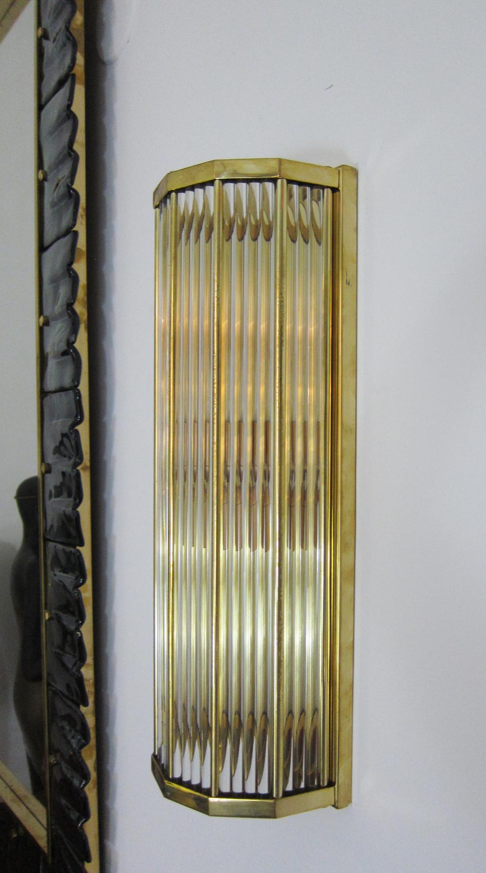 Art Deco Pair of Italian Glass and Brass Wall Lights, Gabriella Crespi style, in Stock For Sale