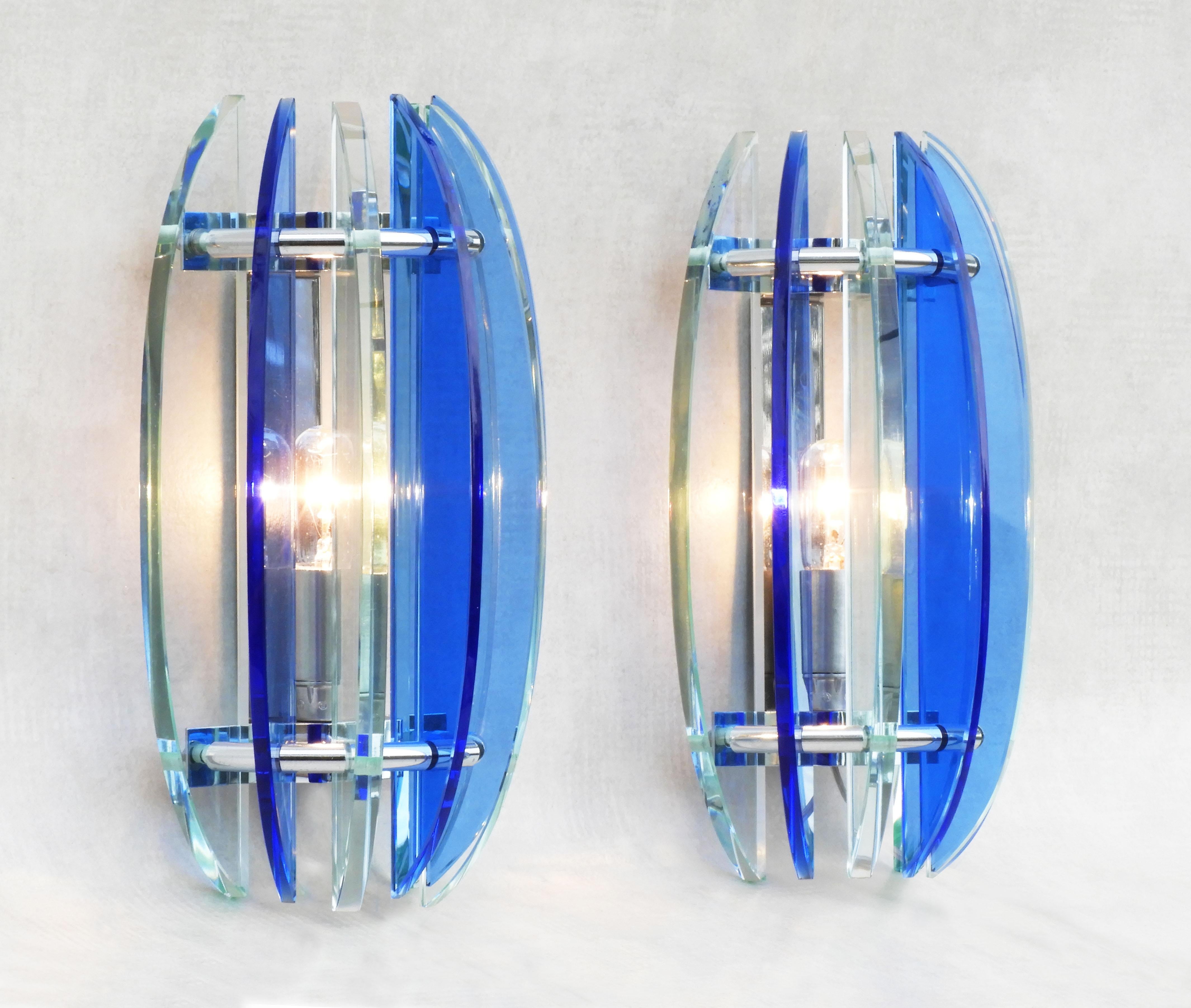 Beveled Pair of Italian Glass Wall Light Sconces by VECA Italy, C1970