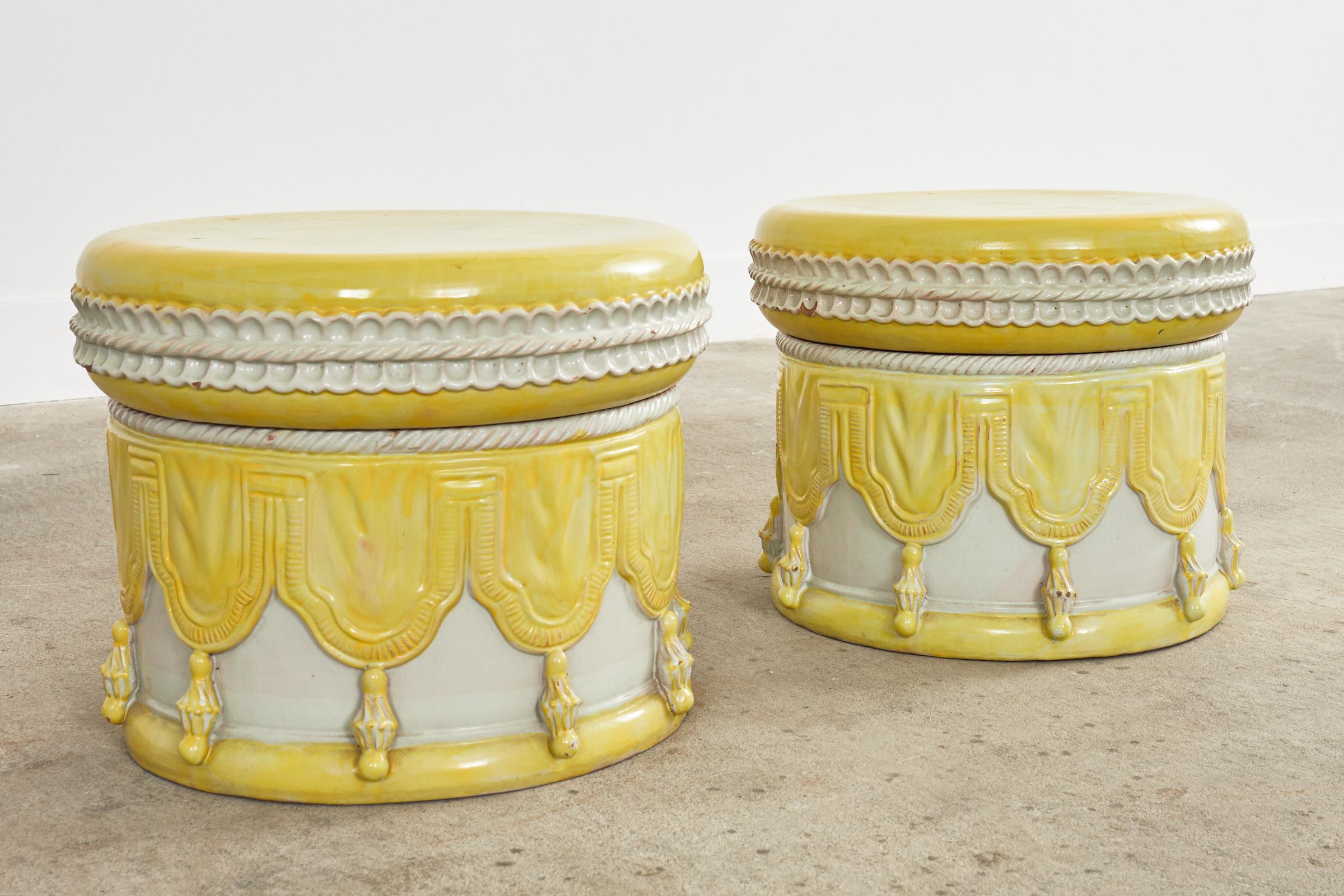 Hollywood Regency Pair of Italian Glazed Ceramic Garden Stools or Drink Tables