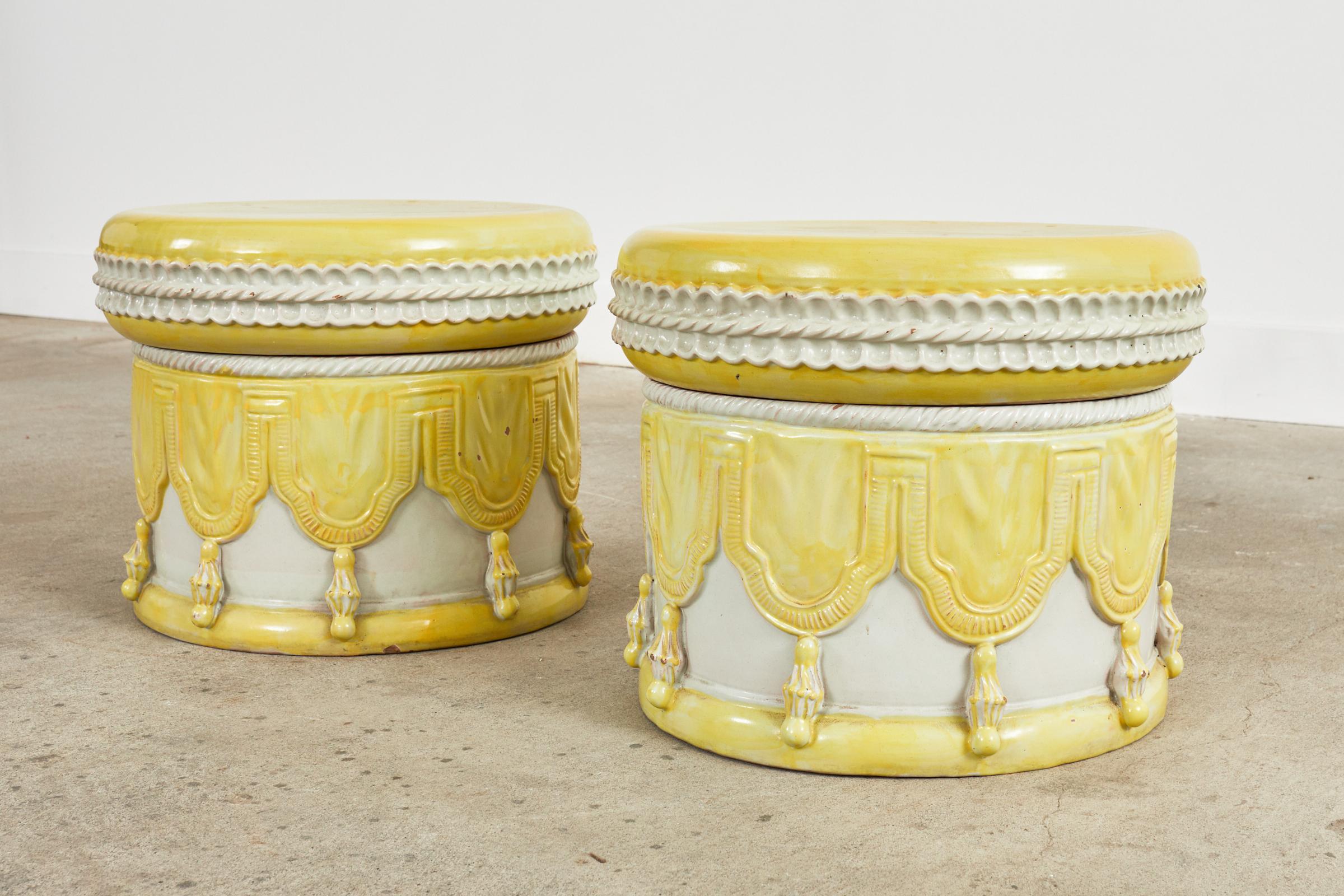Hand-Crafted Pair of Italian Glazed Ceramic Garden Stools or Drink Tables