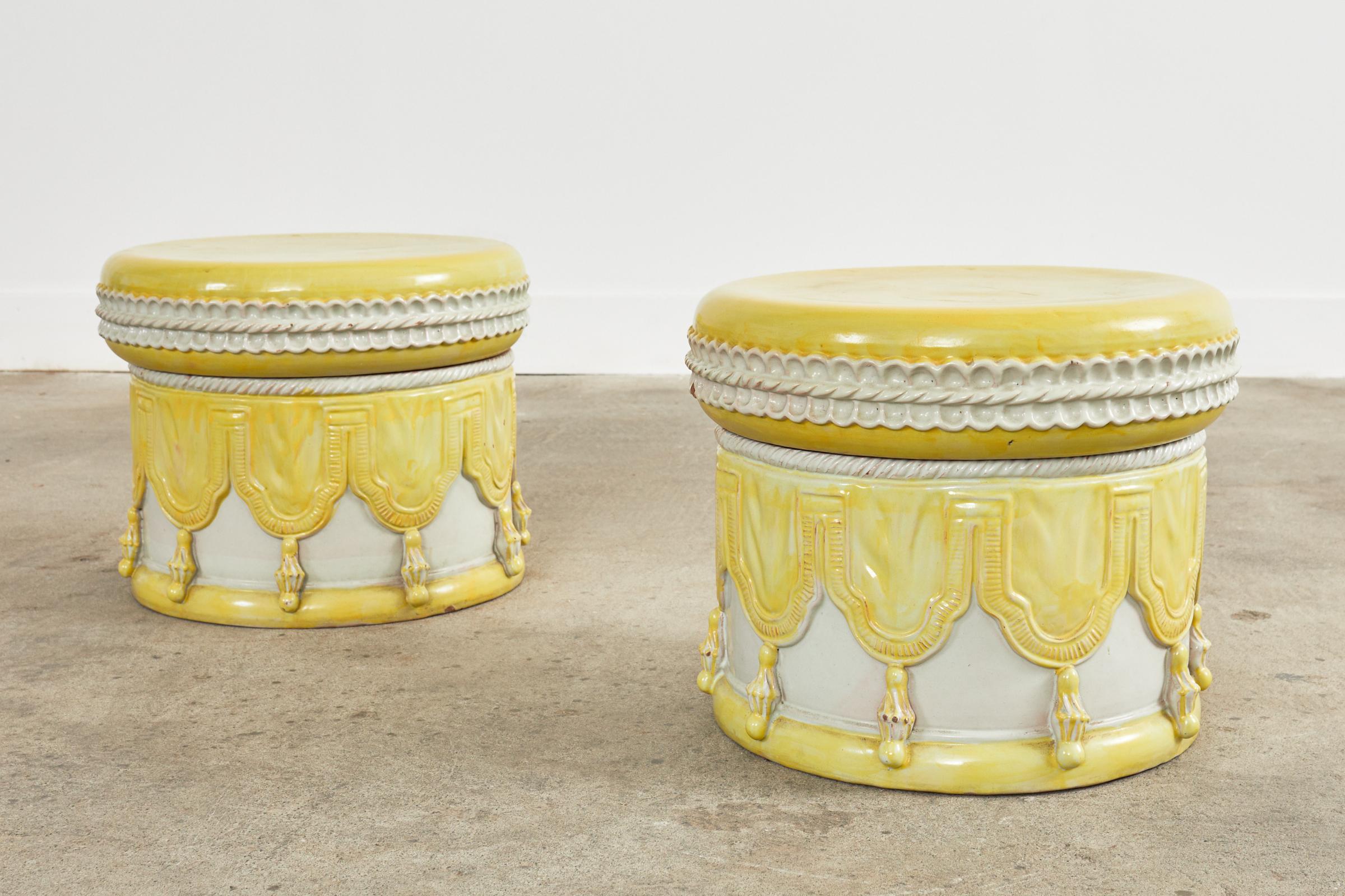 Pair of Italian Glazed Ceramic Garden Stools or Drink Tables In Good Condition In Rio Vista, CA