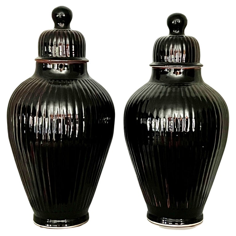 Pair of Italian Glazed Ceramic Ginger Jar Lidded Urns For Sale at 1stDibs