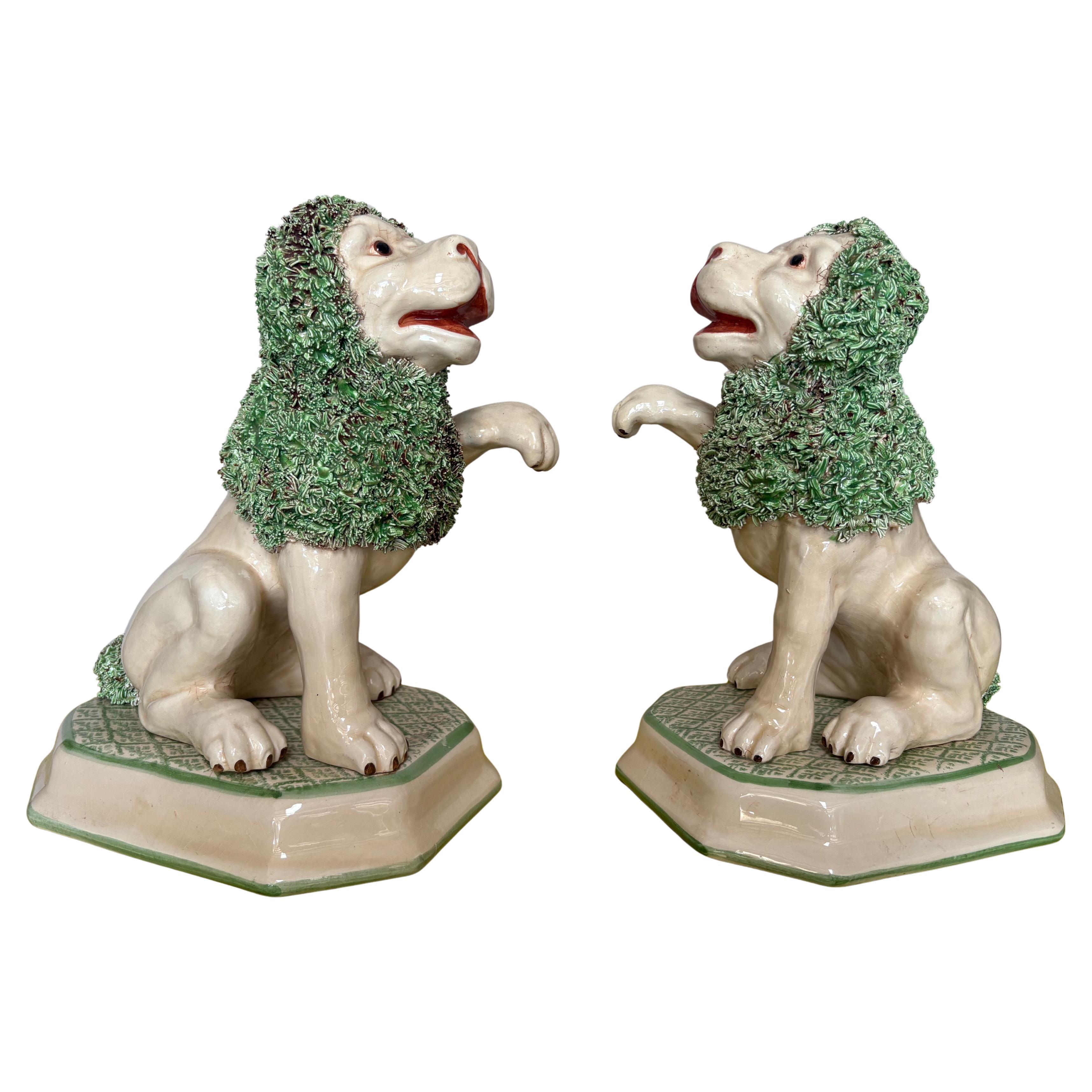 Pair Of Italian Glazed Ceramic Lions For Sale