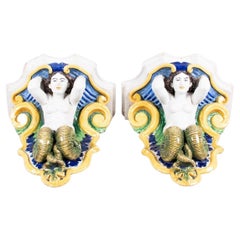 Pair of Italian Glazed Ceramic, Majolica Wall Brackets