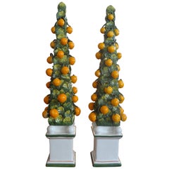 Pair of Italian Glazed Ceramic Topiary Obelisks
