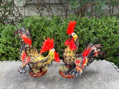 Pair Of Italian Glazed Ceramic Roosters