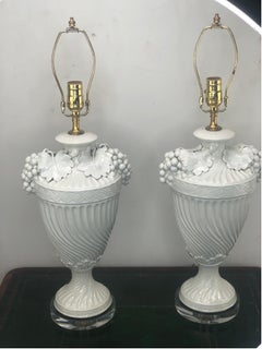Pair of Italian Glazed Ceramic Urn Lamps With Grapes Clusters