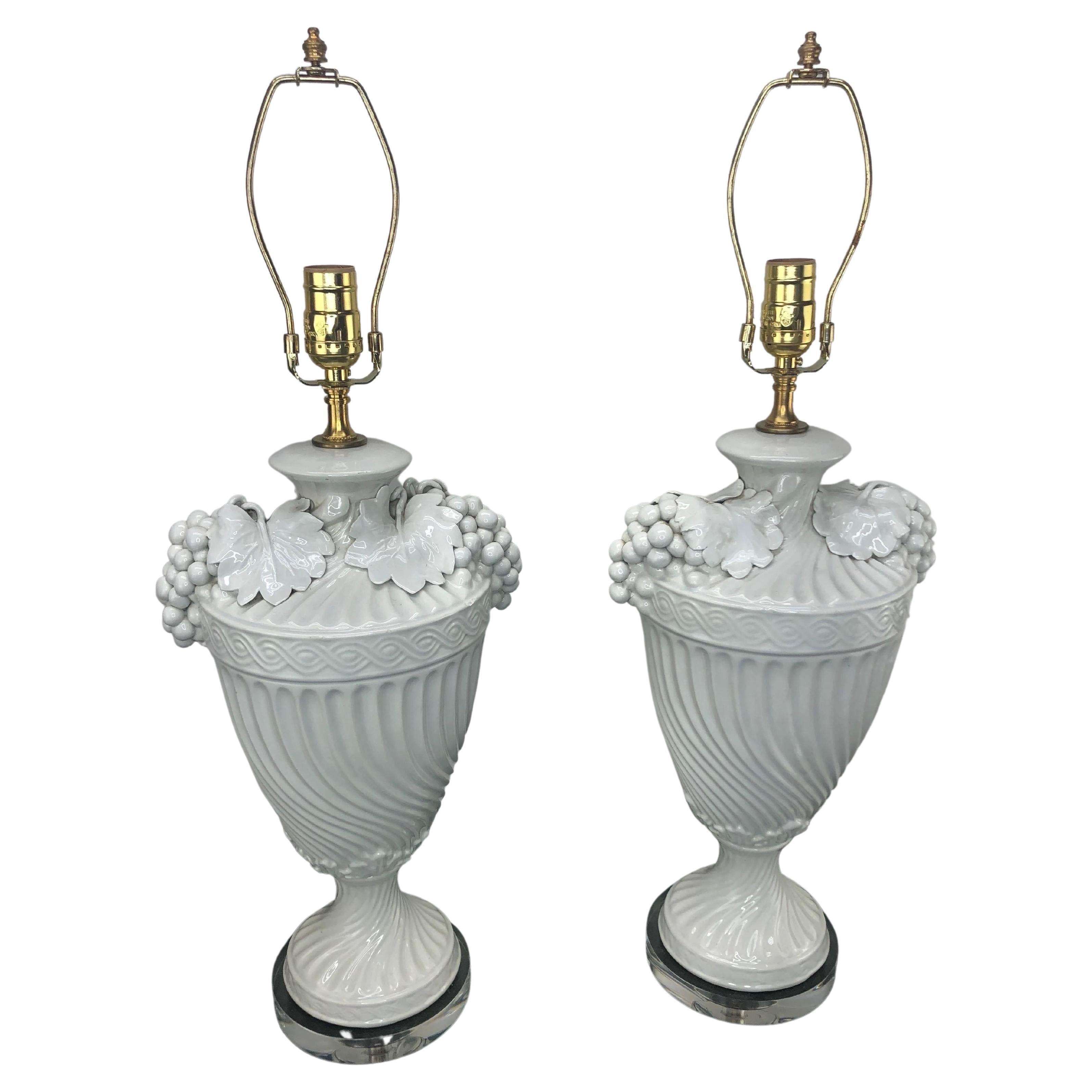 Pair of Italian Glazed Ceramic Urn Lamps With Grapes Clusters For Sale