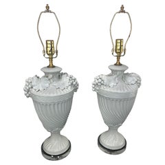 Pair of Italian Glazed Ceramic Urn Lamps With Grapes Clusters