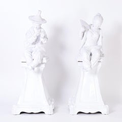 Pair of Italian Glazed Earthenware Chinoiserie Figures on Pedestals