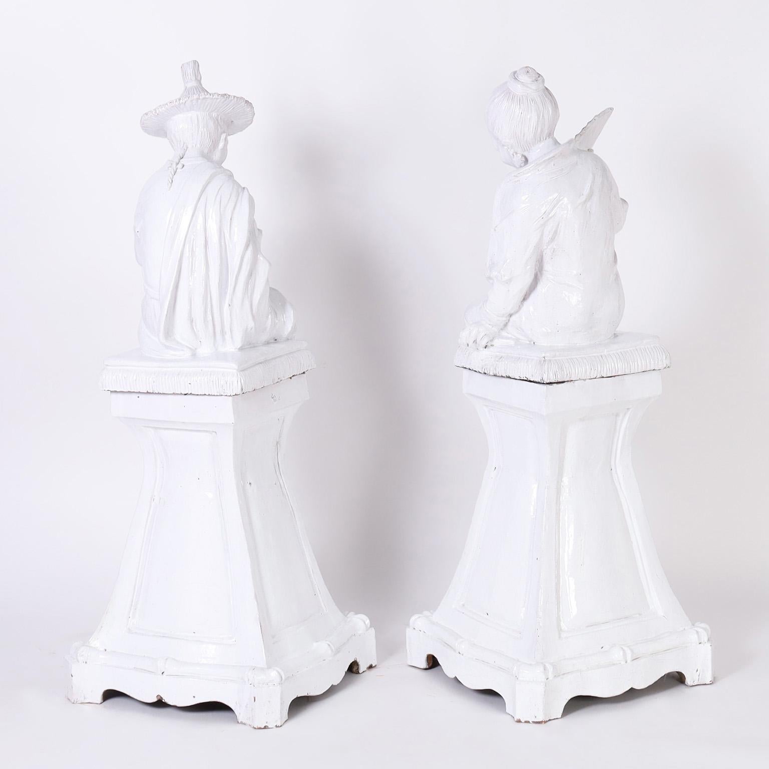 Mid-Century Modern Pair of Italian Glazed Earthenware Chinoiserie Figures on Pedestals