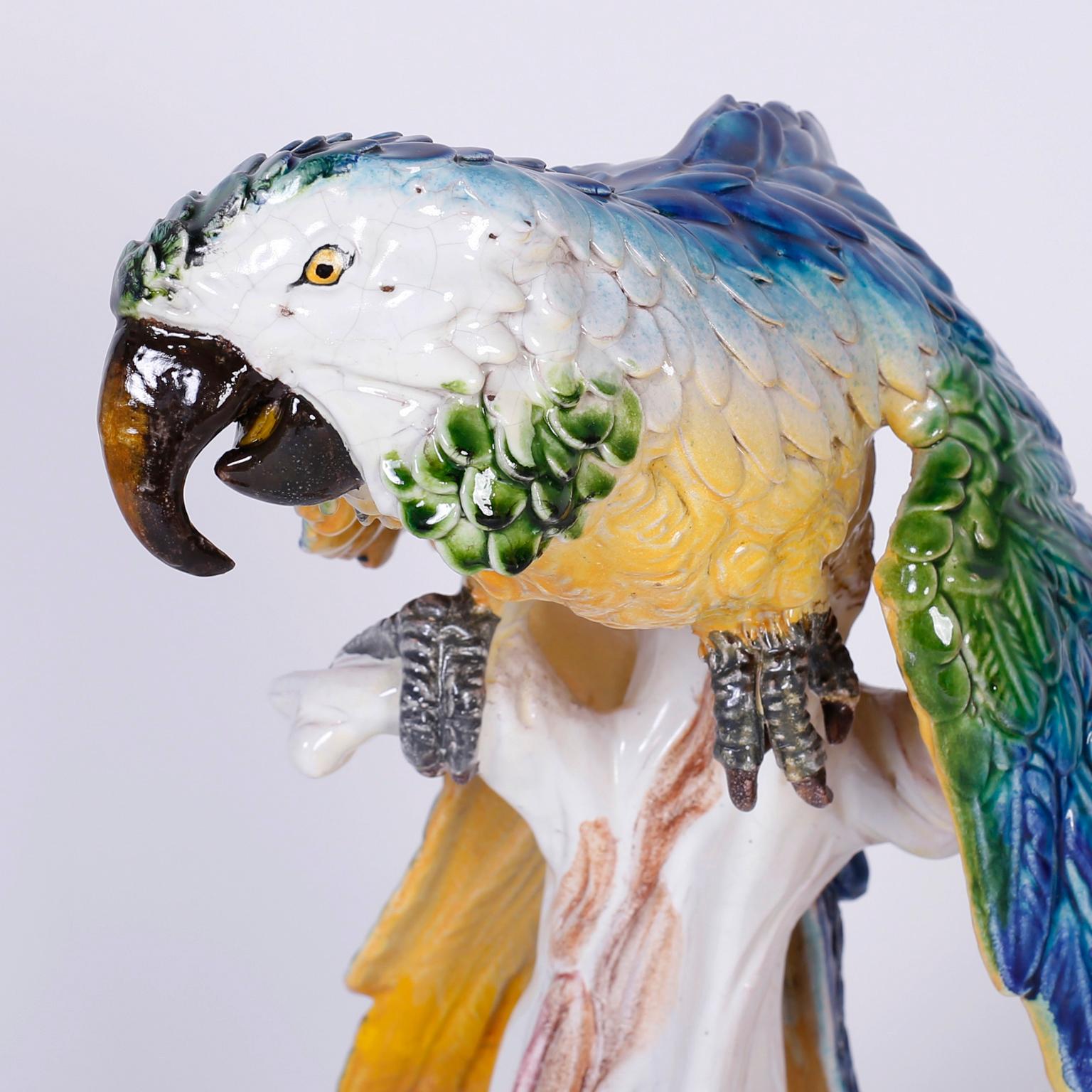 20th Century Pair of Italian Glazed Terra Cotta Parrots