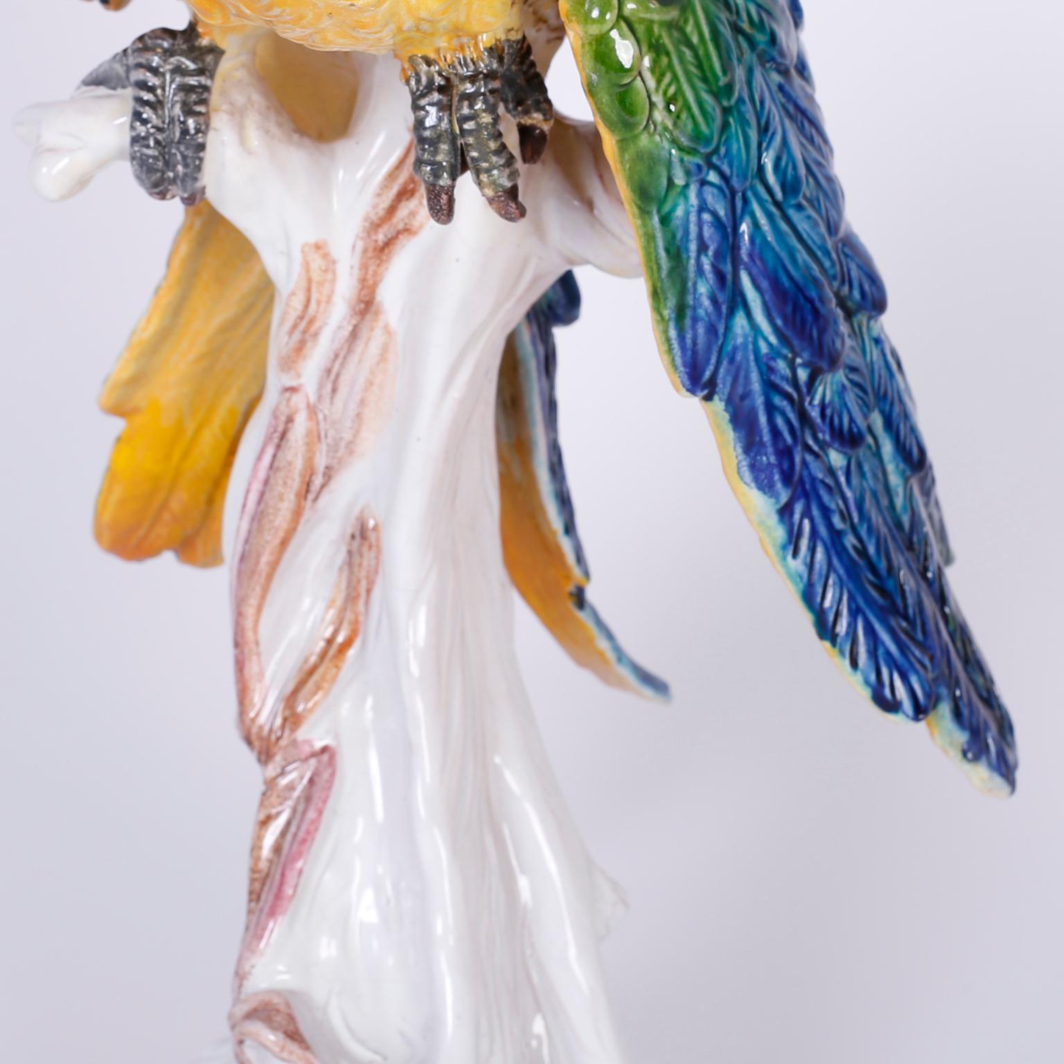 Porcelain Pair of Italian Glazed Terra Cotta Parrots