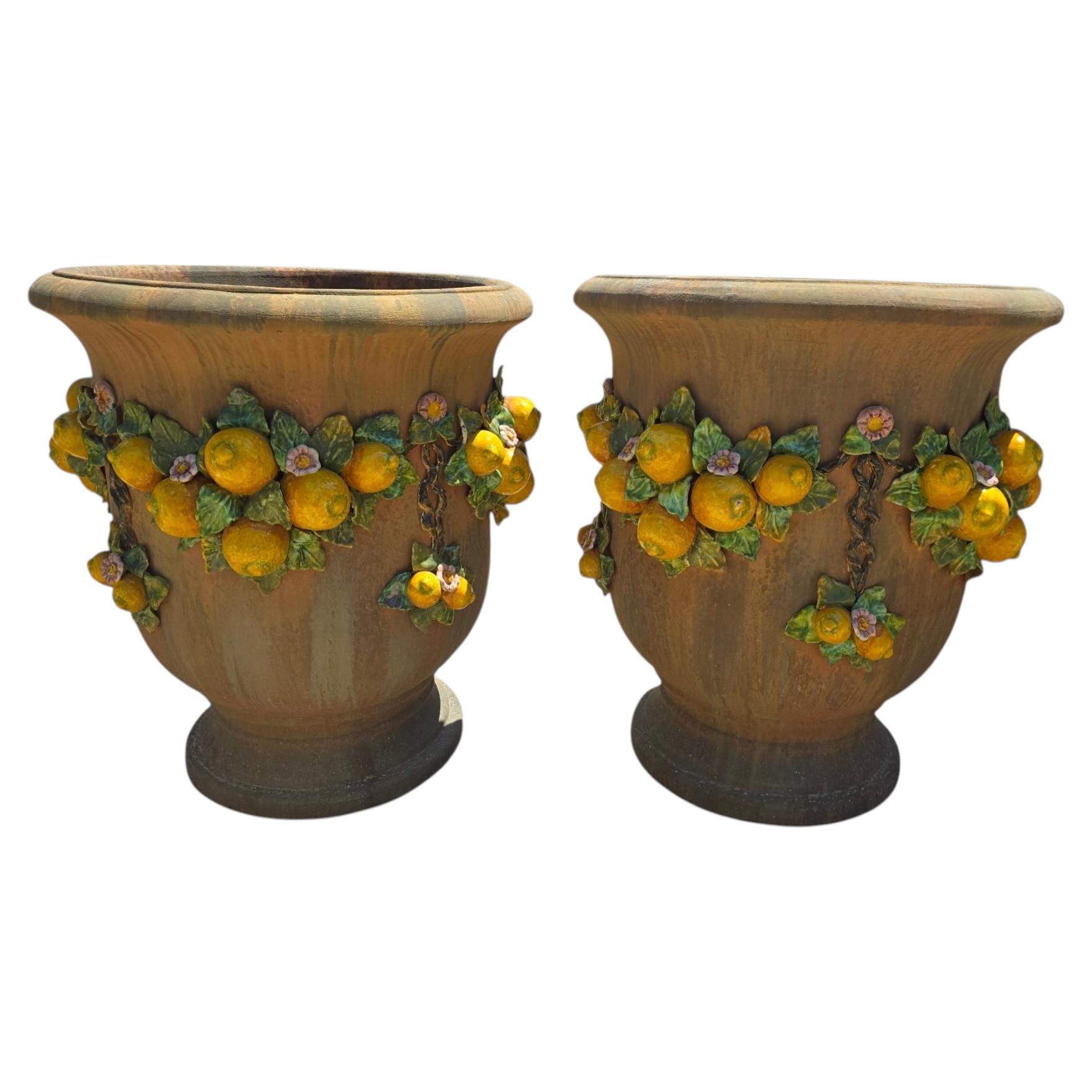 Pair of Italian Glazed Terracotta Garden Urns, 1950s
