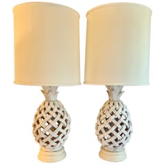 Pair of Italian Glazed Terracotta Lattice Lamps