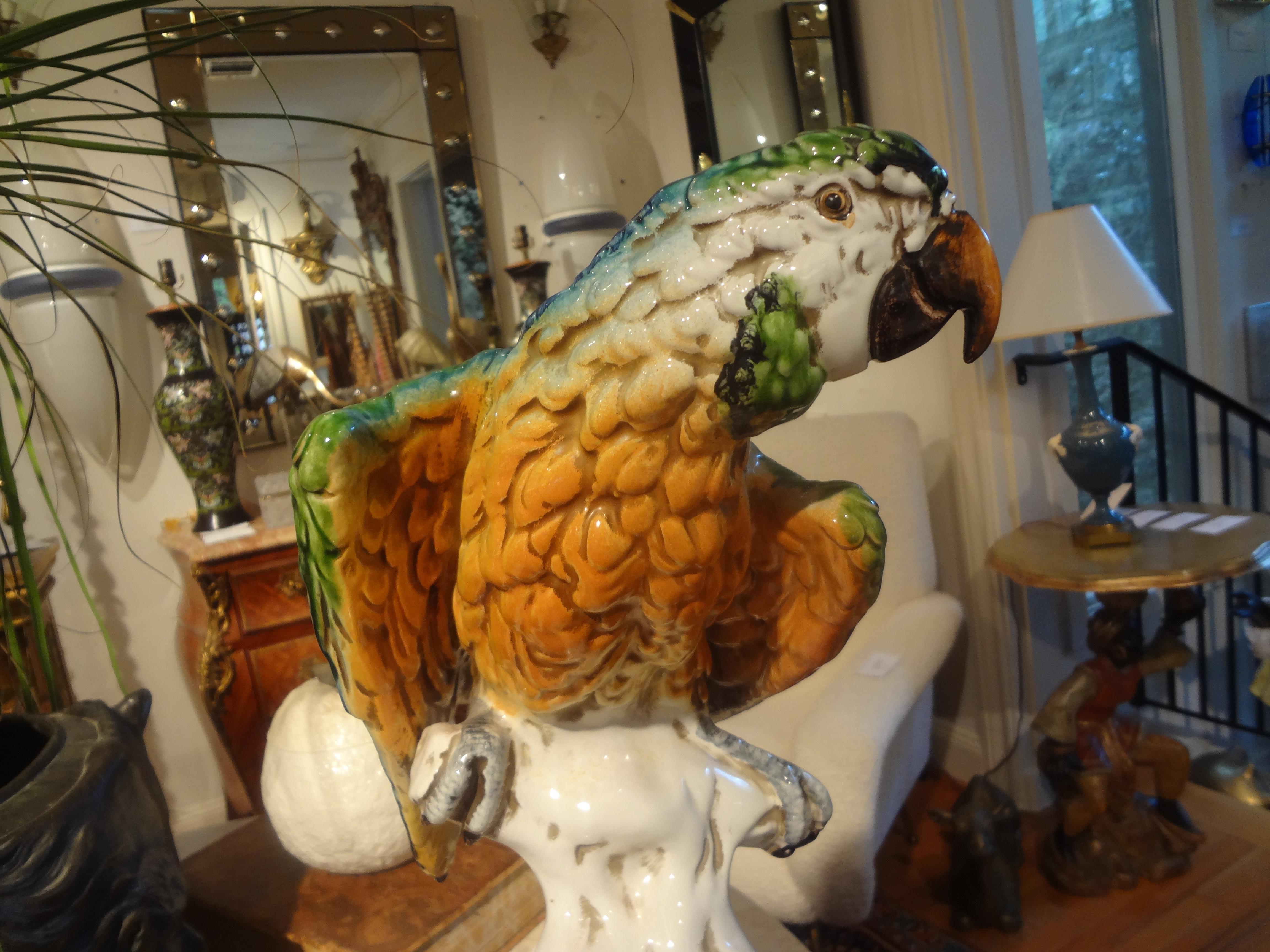 Pair of Italian Glazed Terracotta Parrot Statues For Sale 7