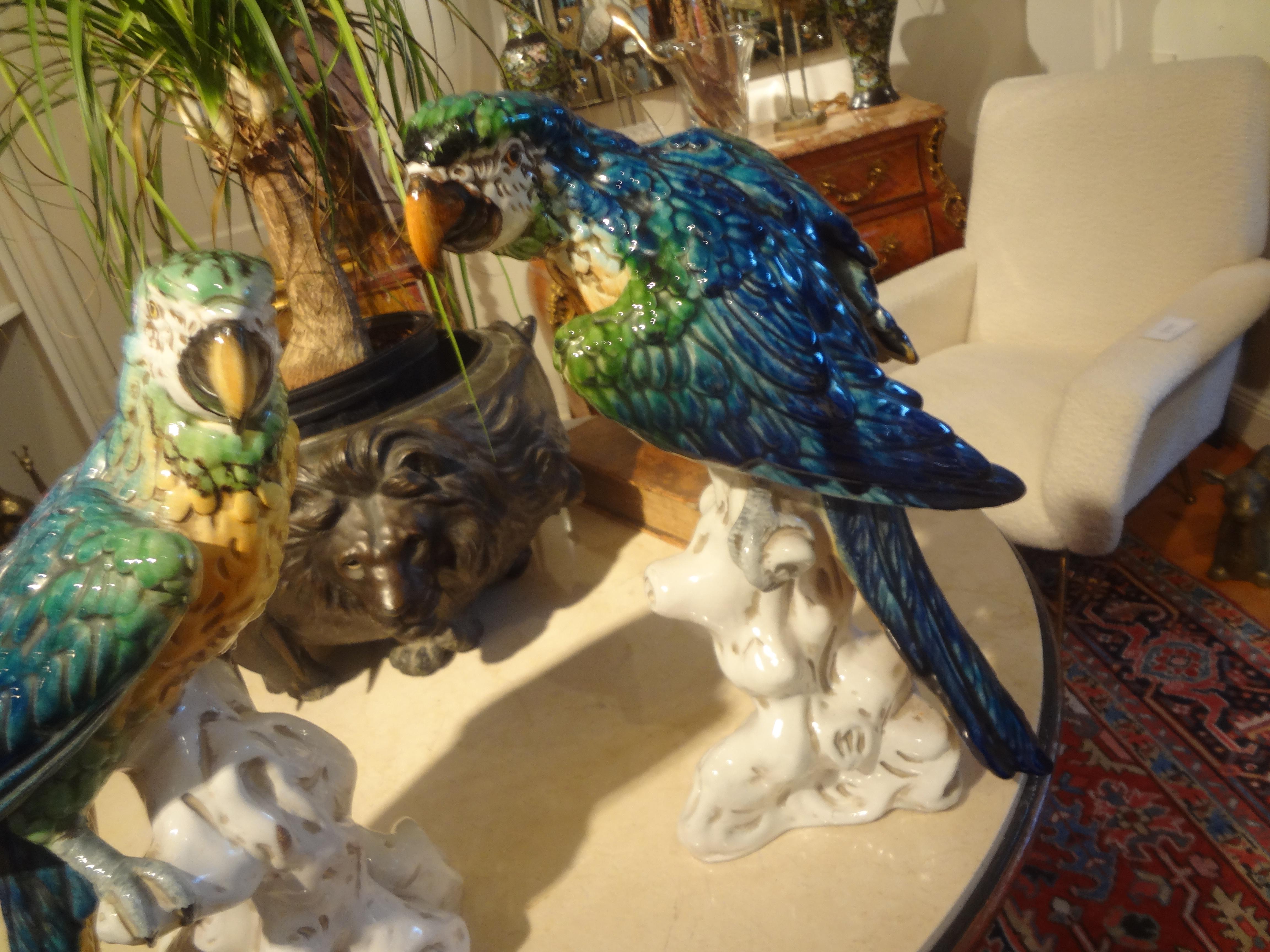 Hollywood Regency Pair of Italian Glazed Terracotta Parrot Statues For Sale