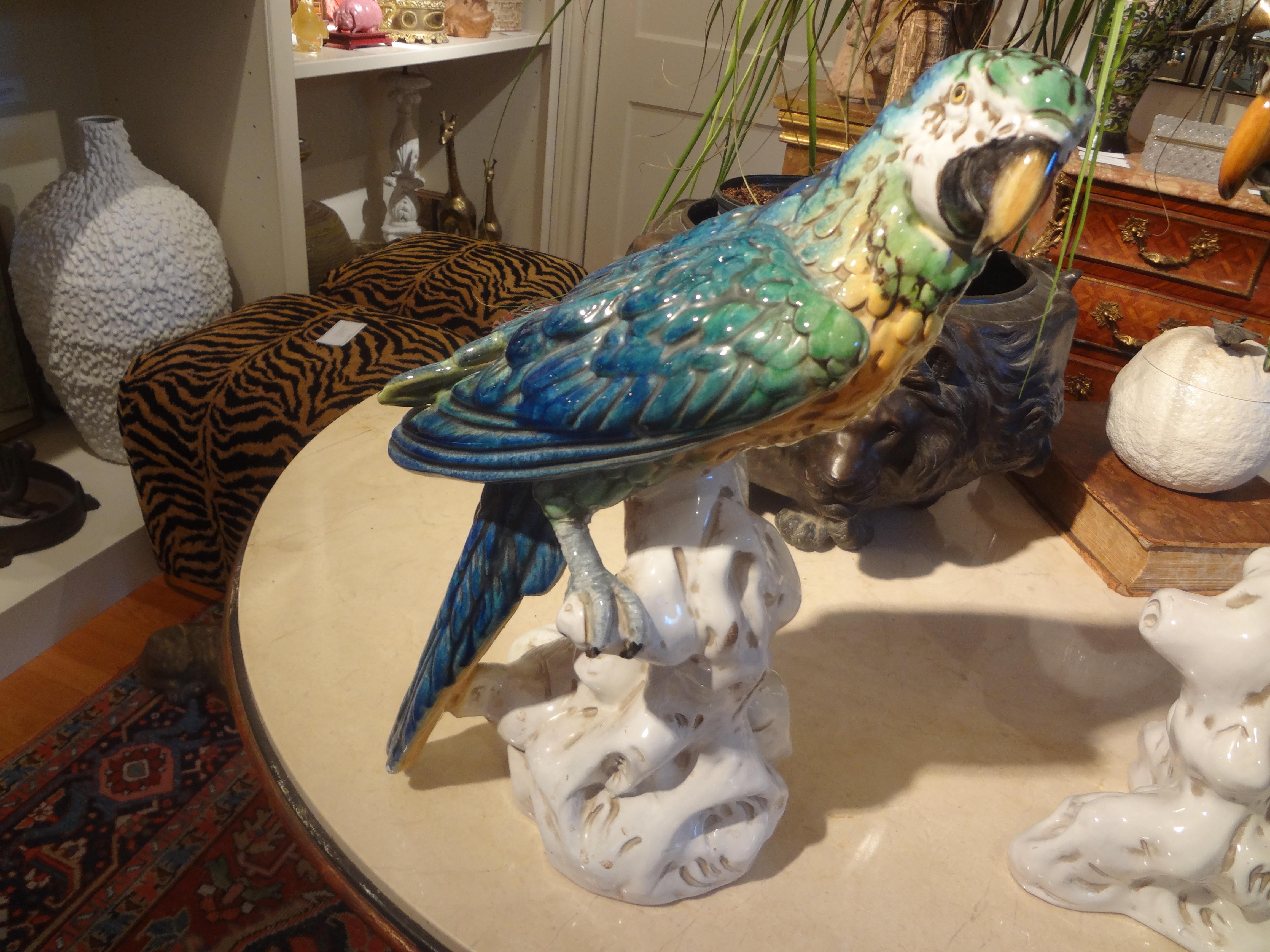Pair of Italian Glazed Terracotta Parrot Statues In Good Condition For Sale In Houston, TX