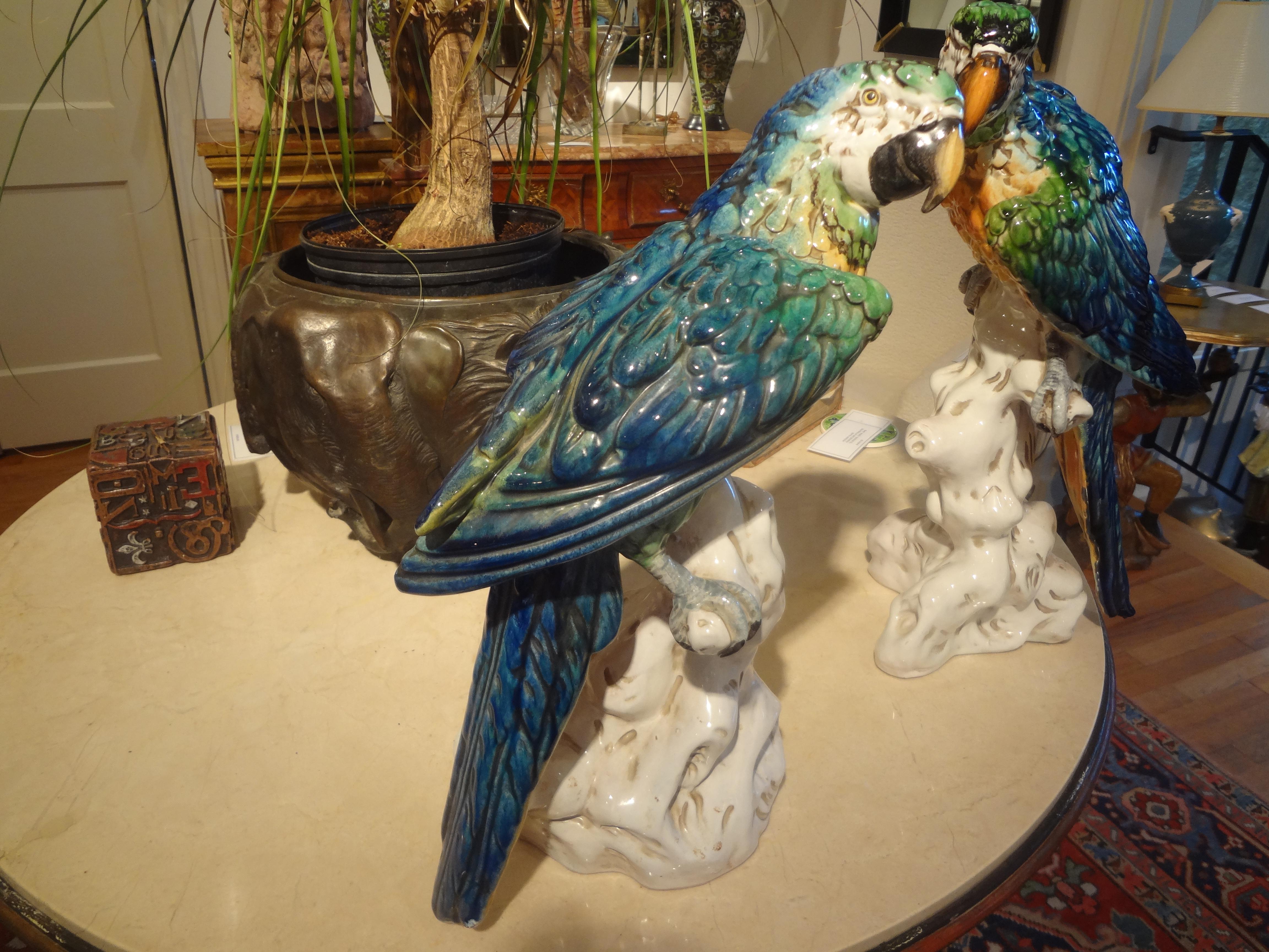 Mid-20th Century Pair of Italian Glazed Terracotta Parrot Statues For Sale