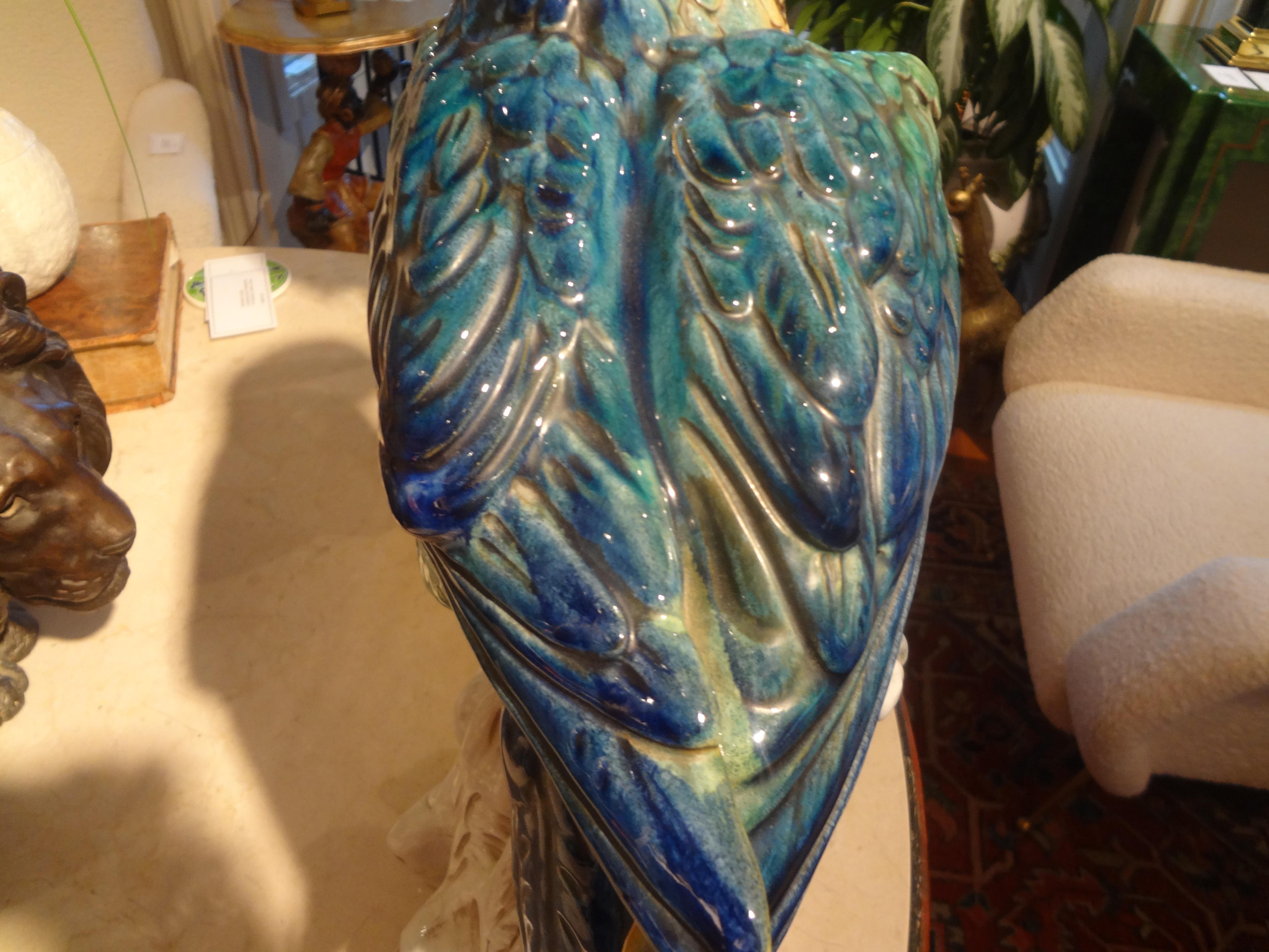 Pair of Italian Glazed Terracotta Parrot Statues For Sale 1