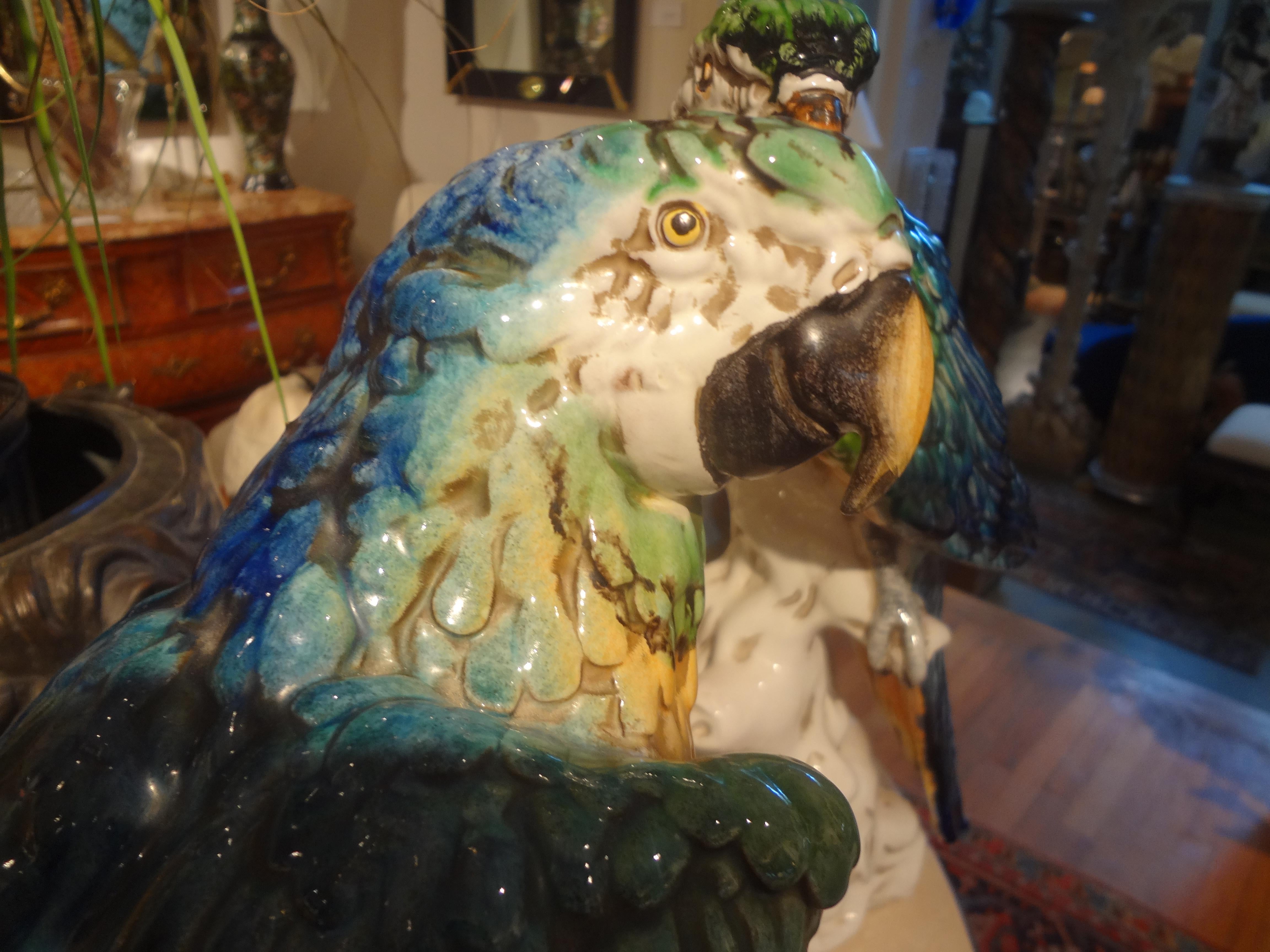 Pair of Italian Glazed Terracotta Parrot Statues For Sale 2